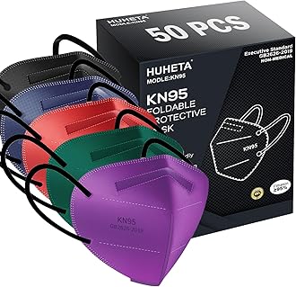 HUHETA 50 Packs KN95 Face Mask 5-Ply Breathable & Comfortable Filter Safety Mask (50PCS-MTC II Color)