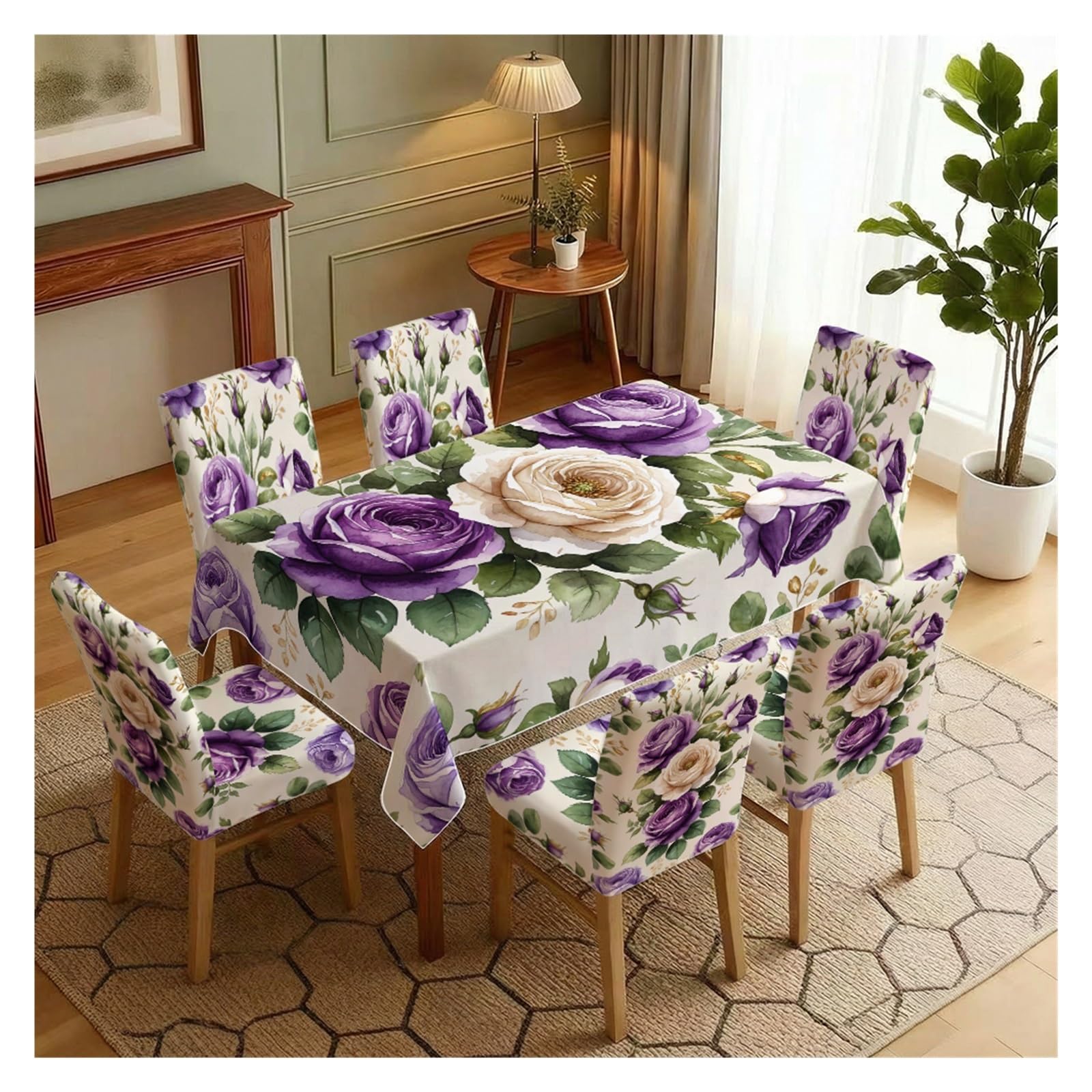 KXUAUV Vintage Purple & White Rose Floral Tablecloth And Chair Covers Set, Stretch Slipcovers For Elegant Cottage Dining Room Decor, 5/7 Pack Party Decor(7pcs Set: Tablecloth+Chair Covers)