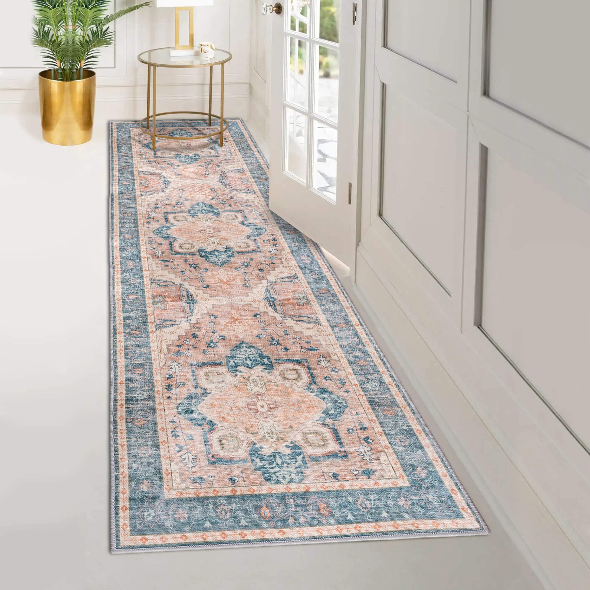Photo 1 of Odessa Decore Vernal Peoria Machine Washable, Non Shedding, Non Slip Runner Rug for Living Room, Bedroom, Dining Room, Hallway, Kitchen, Pet Friendly, Teal/Cream/Orange, 2'6" X 8' Feet Teal/Cream/Orange 2'6" X 8'