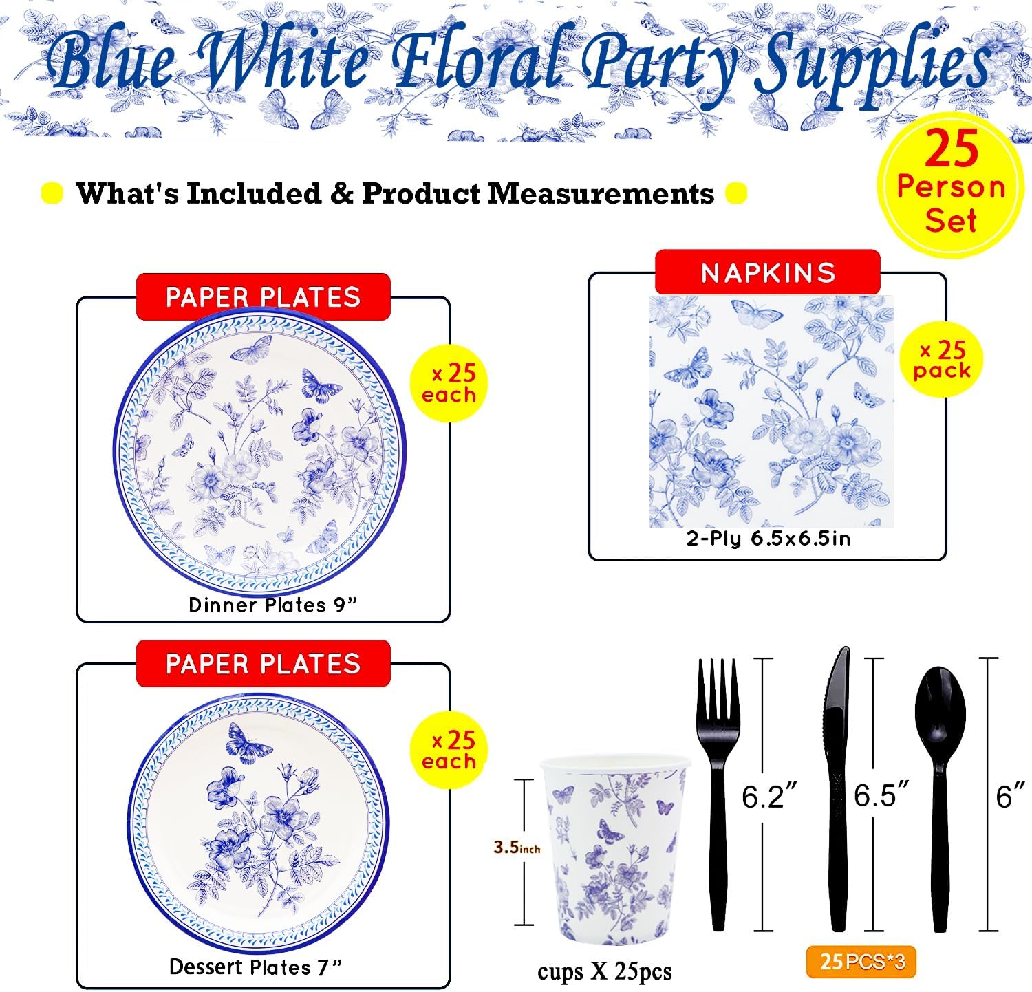 175Pcs Blue White Floral Party Supplies Set 9"Blue White Floral Dinner Plate 7"Floral Dessert Plate Napkins Cup Knive Fork Spoon for Bridal Shower Wedding Tea Party Floral Birthday Party Decor Serve25