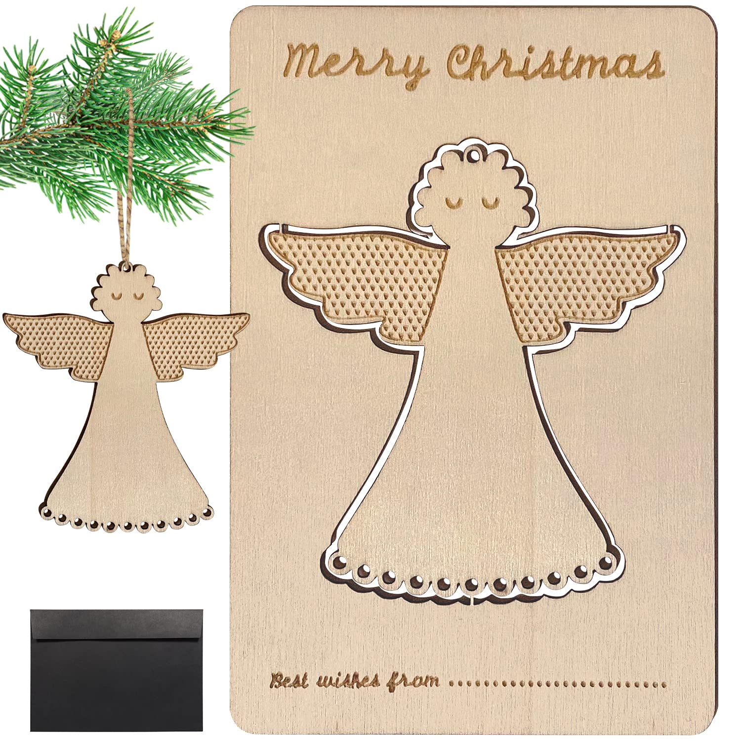 Lukata Premium Wooden Card with Pop-Out Angel & Envelope, Merry Christmas Card For Friends & Family, Hanging tree decorations
