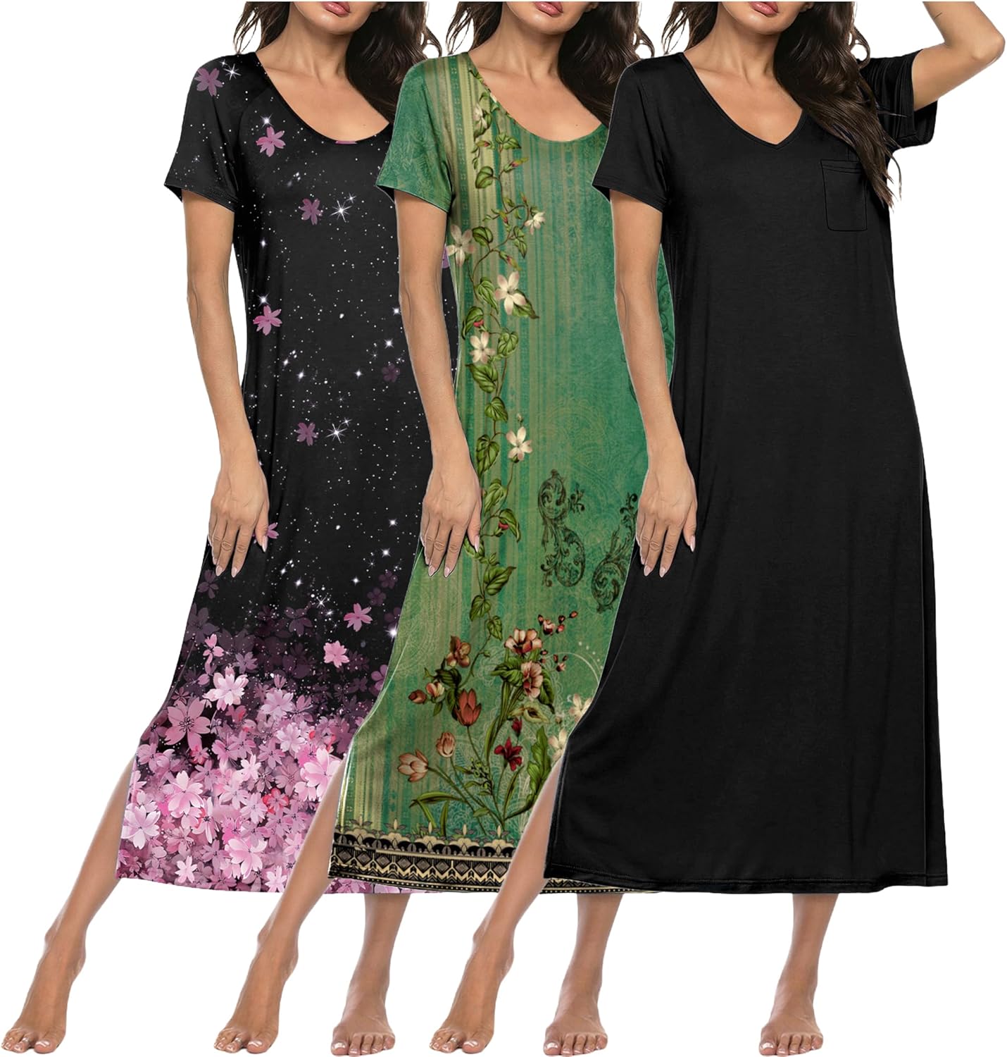 Ekouaer Long Nightgowns for Women 3 Pack Night Gown Short Sleeve House Dress V Neck Lounge Dress Plus Size Sleep Shirts