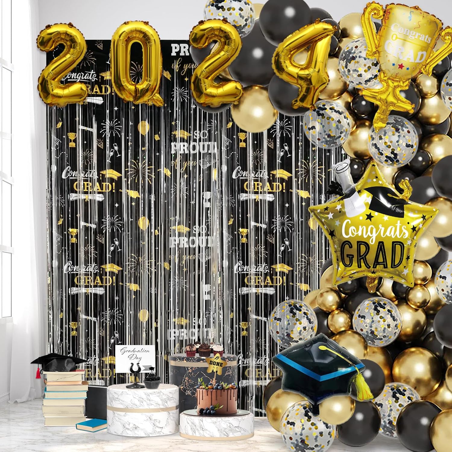 2024 Congrats Grad 2 Pcs Black Foil Fringe Backdrop 111 Pcs Balloons Set for Photography Class of 2024 Congratulation Graduate Set Graduation Party Supplies Decorations Banner Photo Props