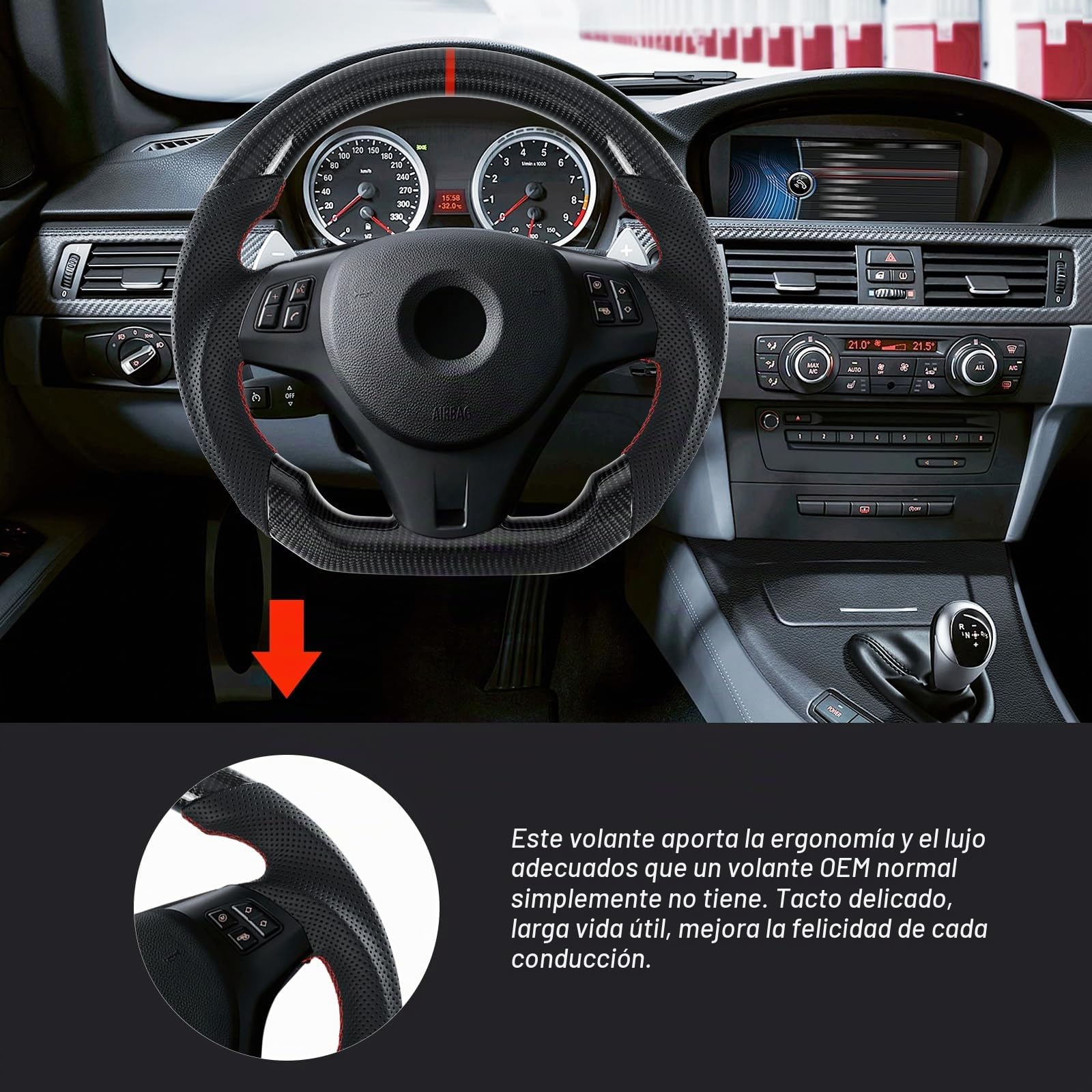 Volante de fibra de carbono real hecho a mano en forma de D con agujeros de paleta afilados para BMW M Sport 1/3 Series M3/E88 E90 E91 E92 E93 2005-2012
