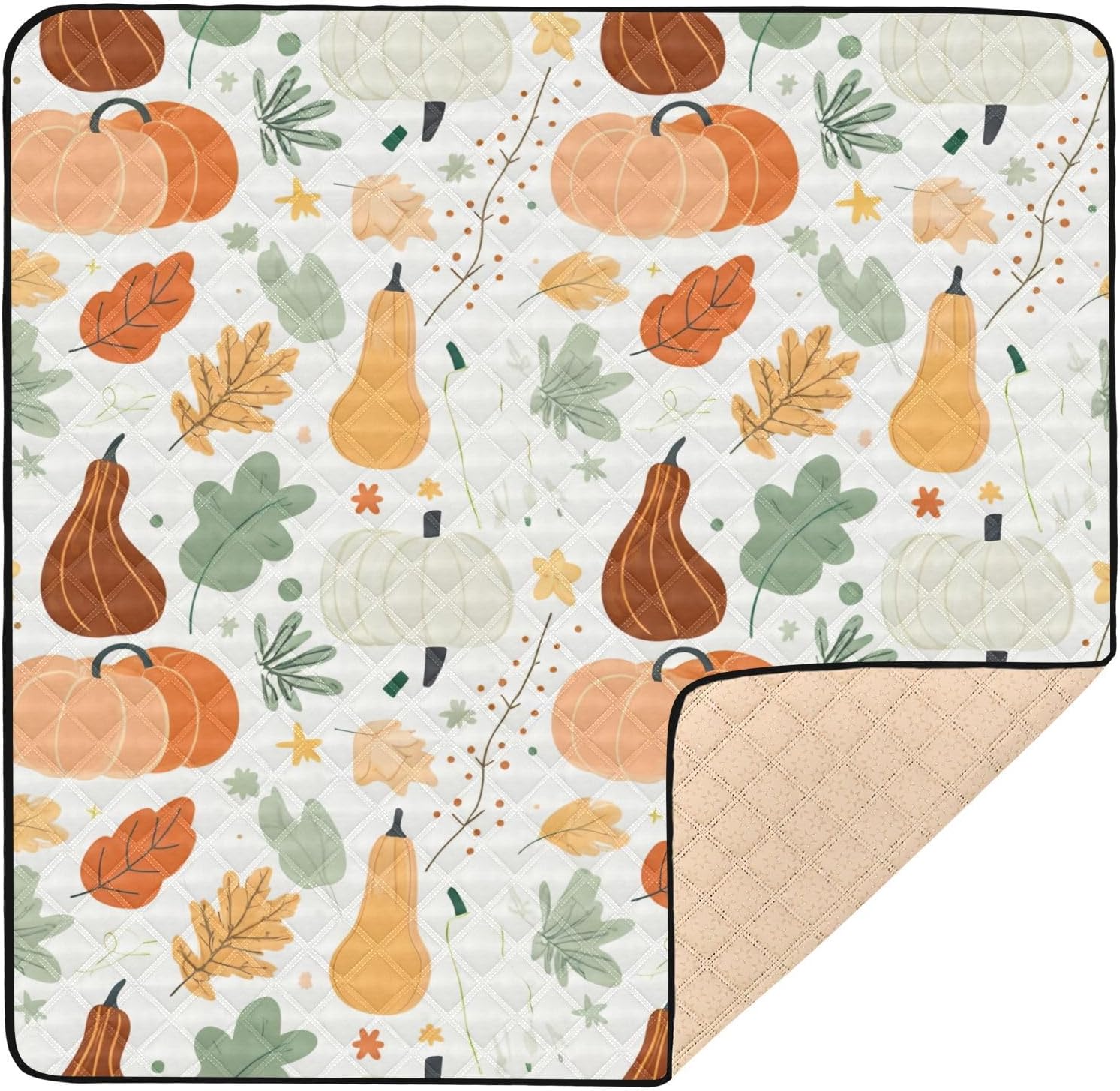 Doodle Pumpkins & Leaves Baby Play Mat, 50“ X 50” Washable Folding Crawling Mat, Baby Floor Mat, Soft, Non-Slip