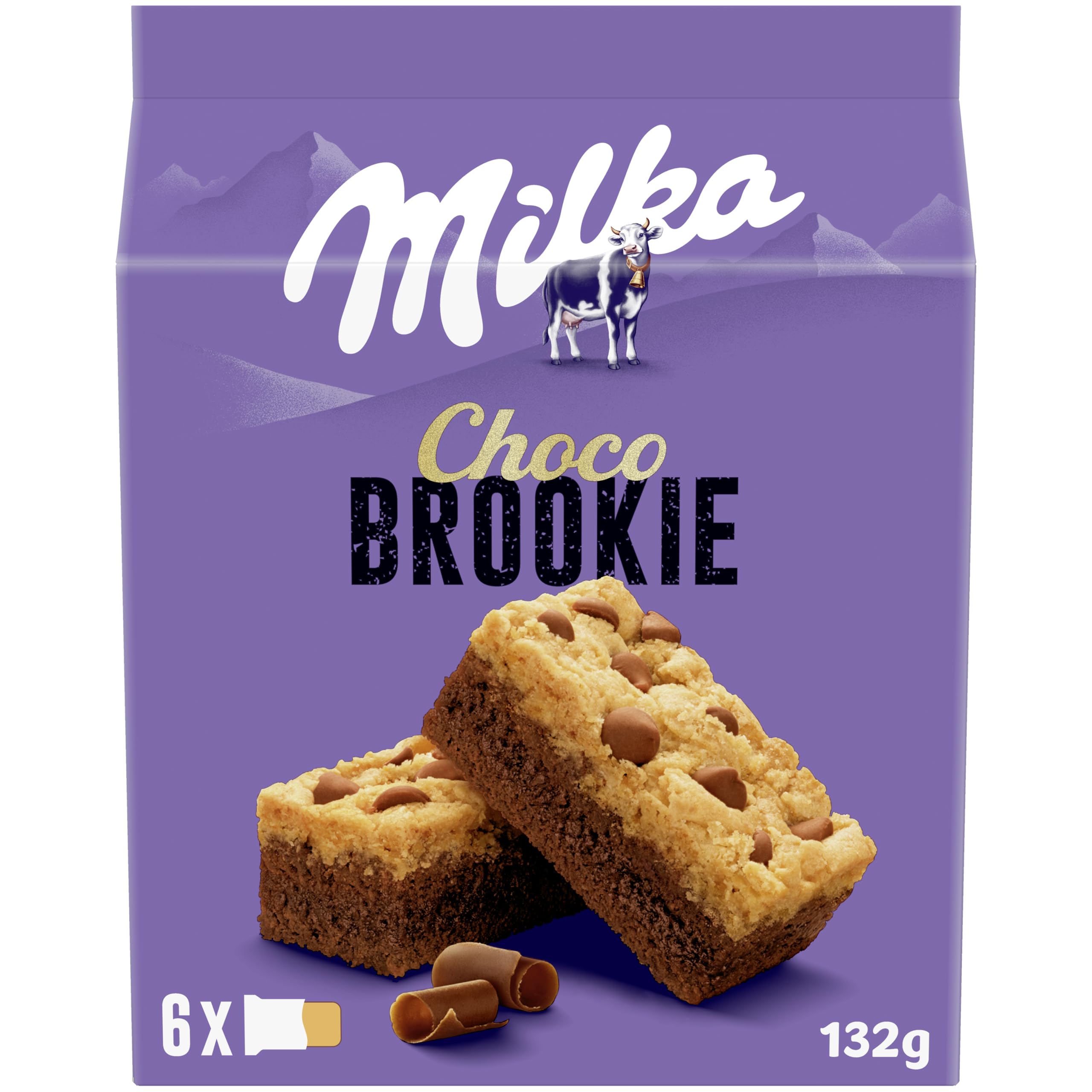 Milka Choco Brookie, Bizcocho de Chocolate con Leche de los Alpes, Trozos de Chocolate con Leche, Formato Bolsillo 132 g