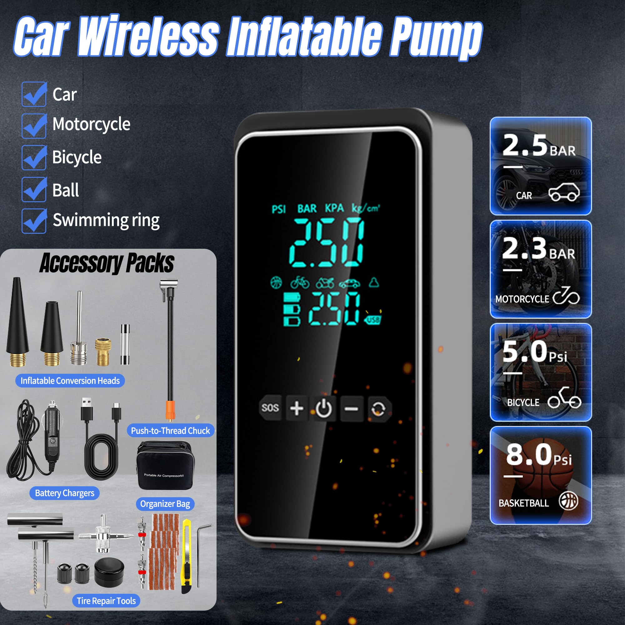 Compressore Aria Portatile, Mini Compressore Portatile con 25pcs Kit di Riparazione Pneumatici, Gonfiatore Elettrico Portatile Auto, Compressore Portatile Per Auto, Bici, Moto, Palla