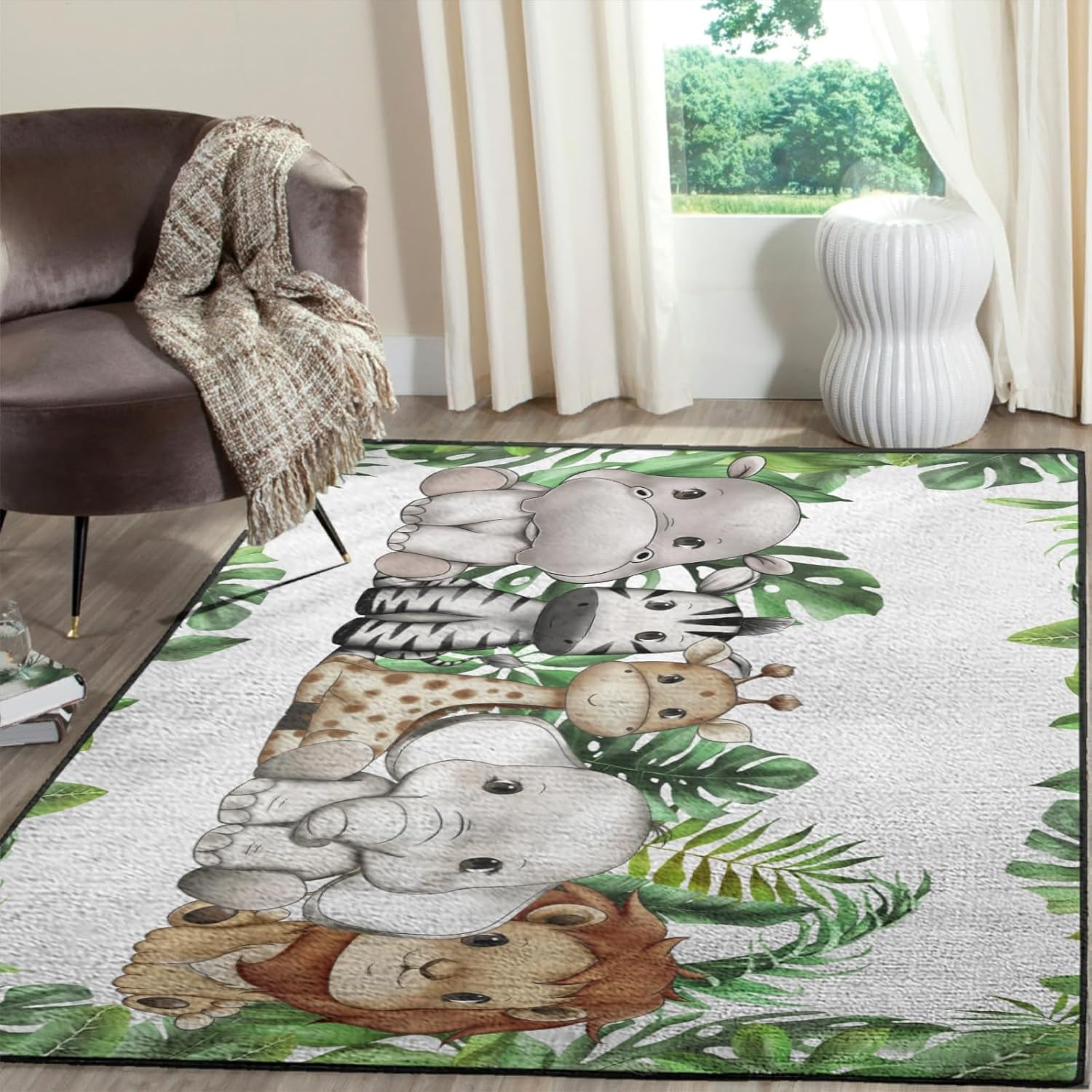 Jungle Safari Animals Tropical Leaves Area Rugs Lion Elephant Giraffe Hippo Zebra Green Leaves Floor Mats Baby Animals Throw Carpets for Toddler Nursery Bedroom Living Room Bathroom Playmat 20x32in