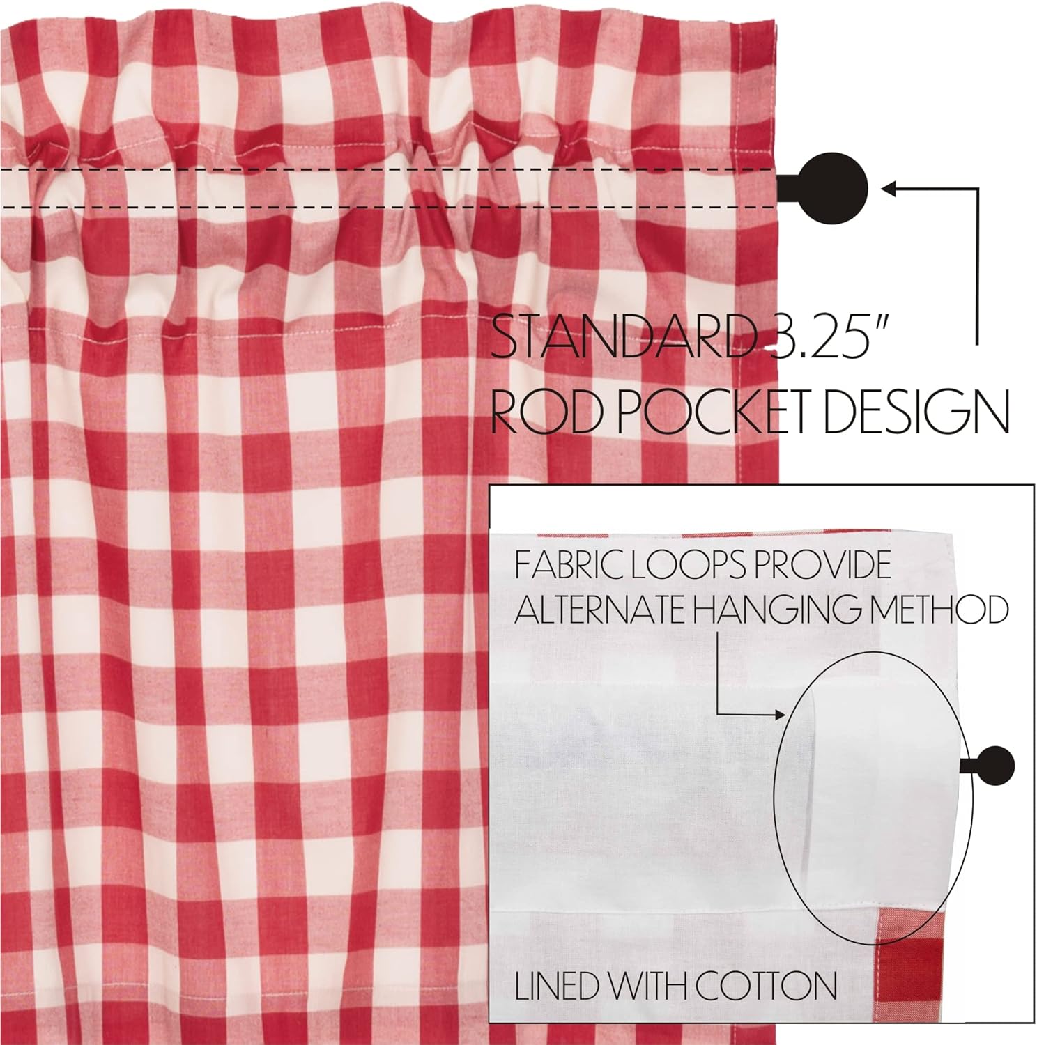 VHC Brands Annie Buffalo Check Cotton Farmhouse Curtains Rod Pocket Drawstring Ties Prairie Panel Pair, 63x36x18, Red