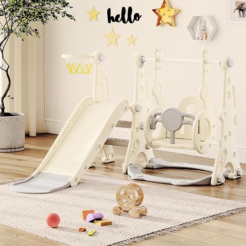 Miniatura 9 de Juego 4 en 1 de tobogán y columpio para niños pequeños, tobogán para niños de 1 a 3 años, juego de juego para interiores y exteriores con aro de