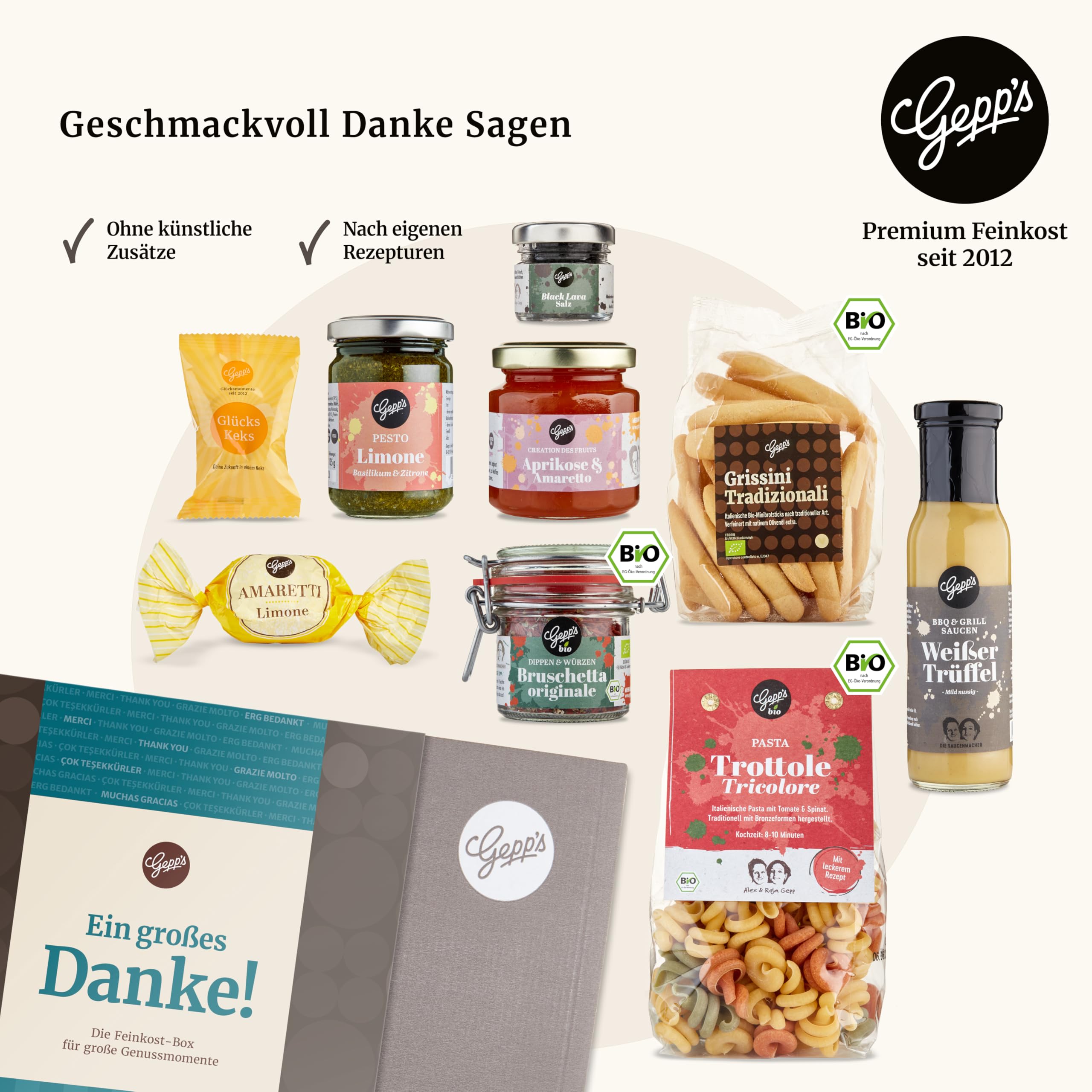 Gepp's Delicatessen Thank You Box Gift Basket with Many Delicacies, Company Gift for Employees and Colleagues, Specialities such as Pasta, Truffle Sauce, Pesto, Amaretto, Gourmet Gift Set - 3