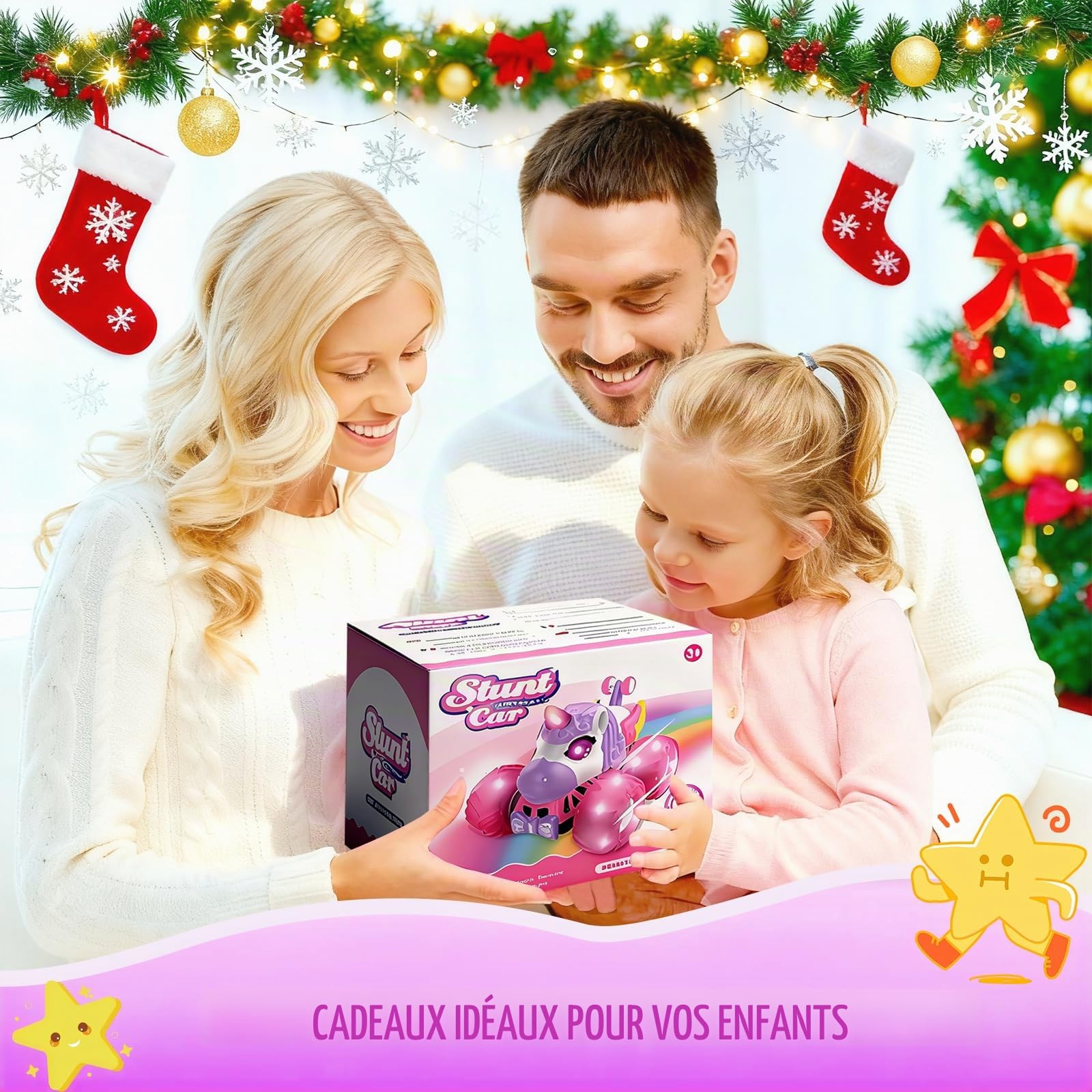 Voiture Télécommandée Licorne pour Fille, Voiture de Cascade Rotative à 360° avec LED, 2.4 GHz RC Cadeaux de Noël Originaux Anniversaire Jouet Enfant 3 Ans+ pour Intérieur et Extérieur