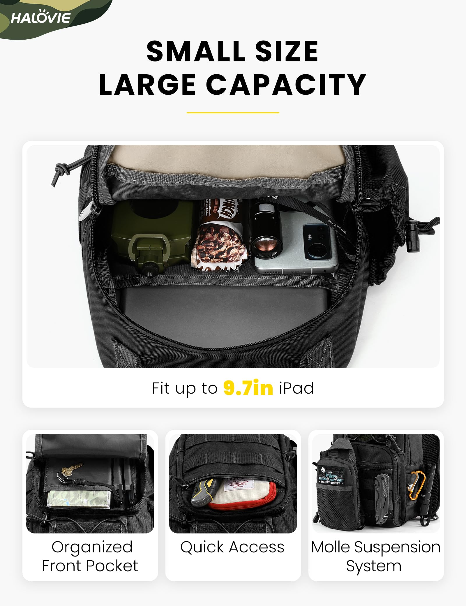 HALOVIE Mochila Táctical Militar,Mochila Cruzada Antirrobo Bolsa Bandolera Pequeña Hombre Bolsa Pecho Sling Bag para Senderismo Ciclismo Camping