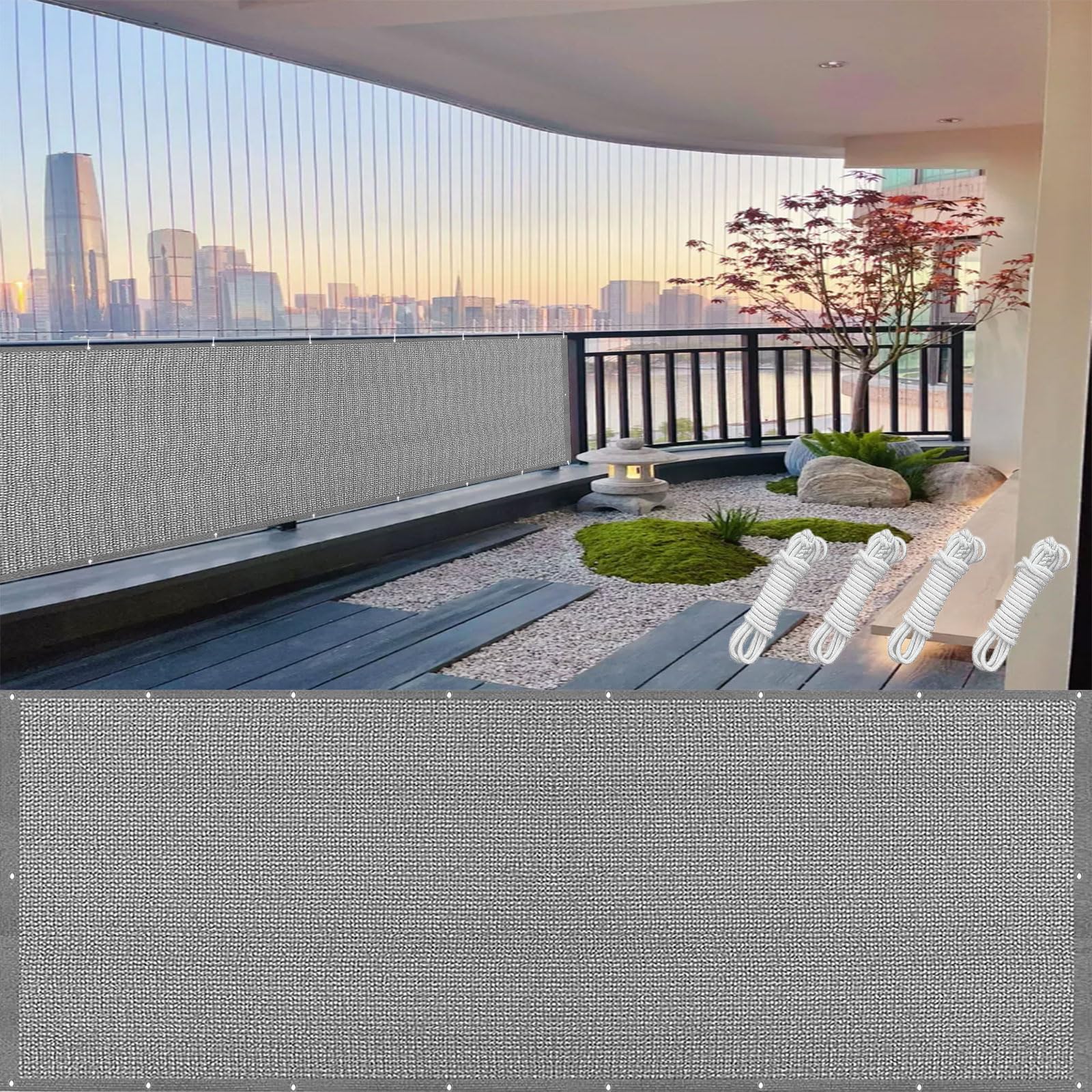 Bâche de balcon gris clair contre le vent et le vis-à-vis, toile respirante indéchirable 70x360
