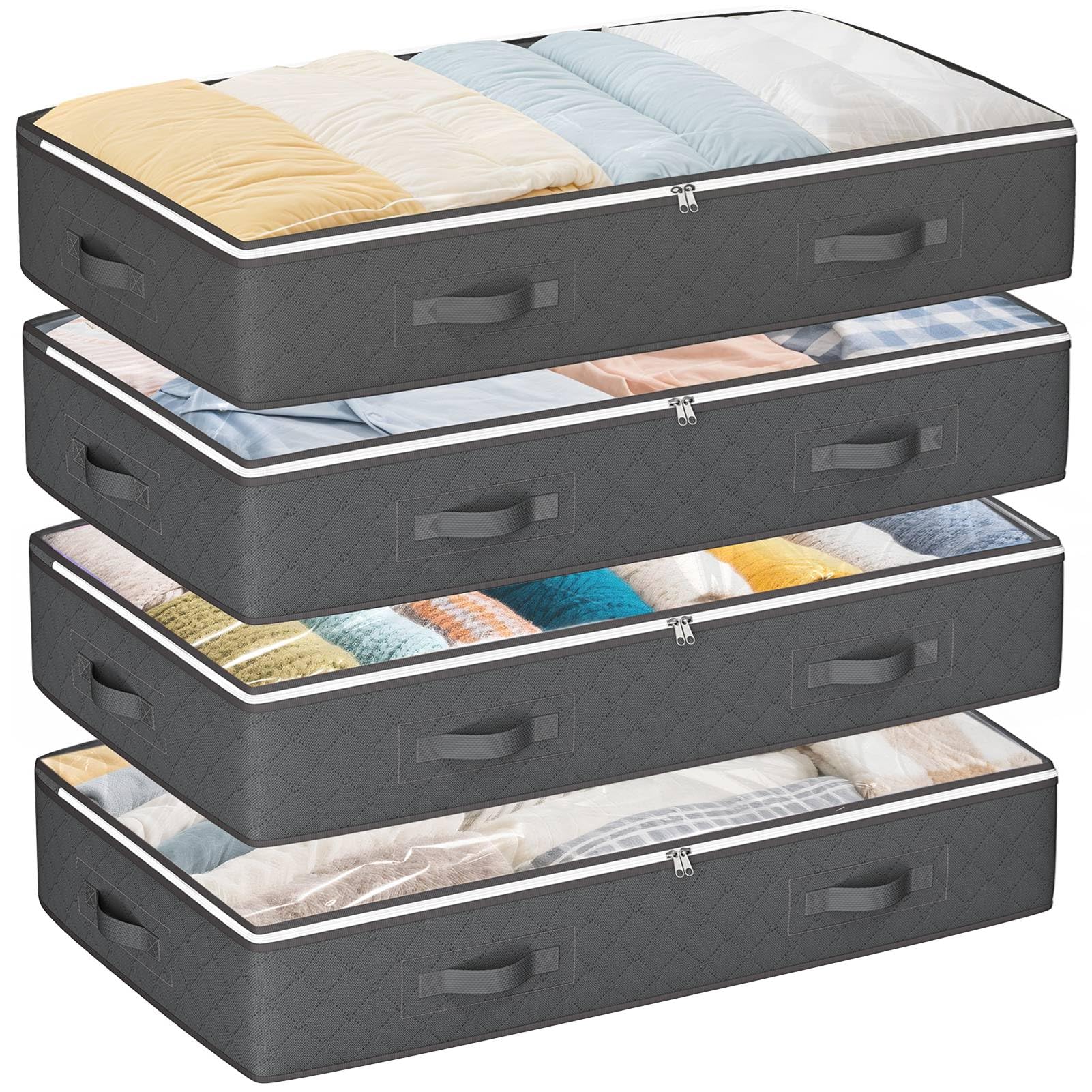 8er-Pack Unterbett-Aufbewahrungstaschen, 90 l, Stoff, großer faltbarer Kleider-Organizer mit klarem Fenster und verstärkten Griffen für Decken, Bettwäsche, Kissen, Plüschtiere und