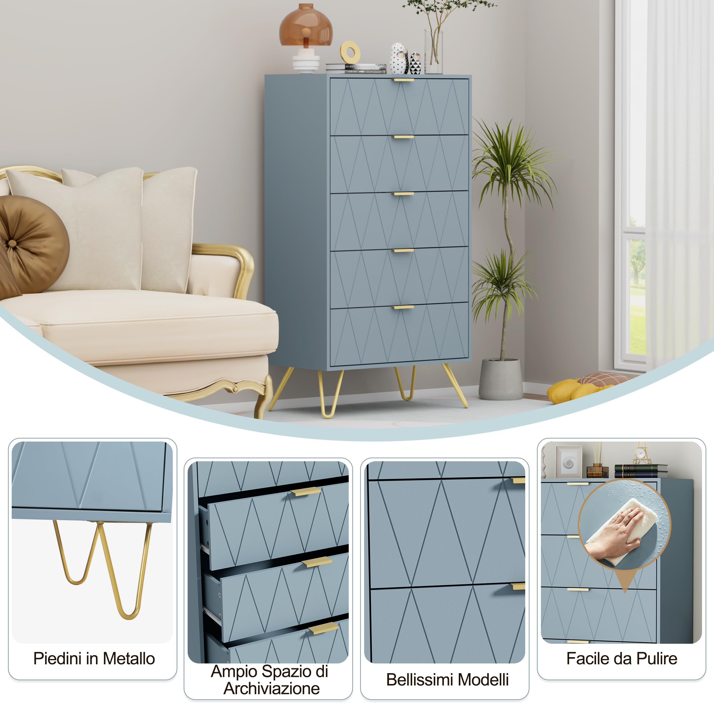 UEV Cassettiera a 5 Cassetti, Comò con Modello di linee di superficie in Legno Ingegnerizzato, con Maniglie e Gambe Dorate, per Soggiorno, Camera da Letto, Corridoio, 60 x 34 x 110 cm, Grigio-Blu