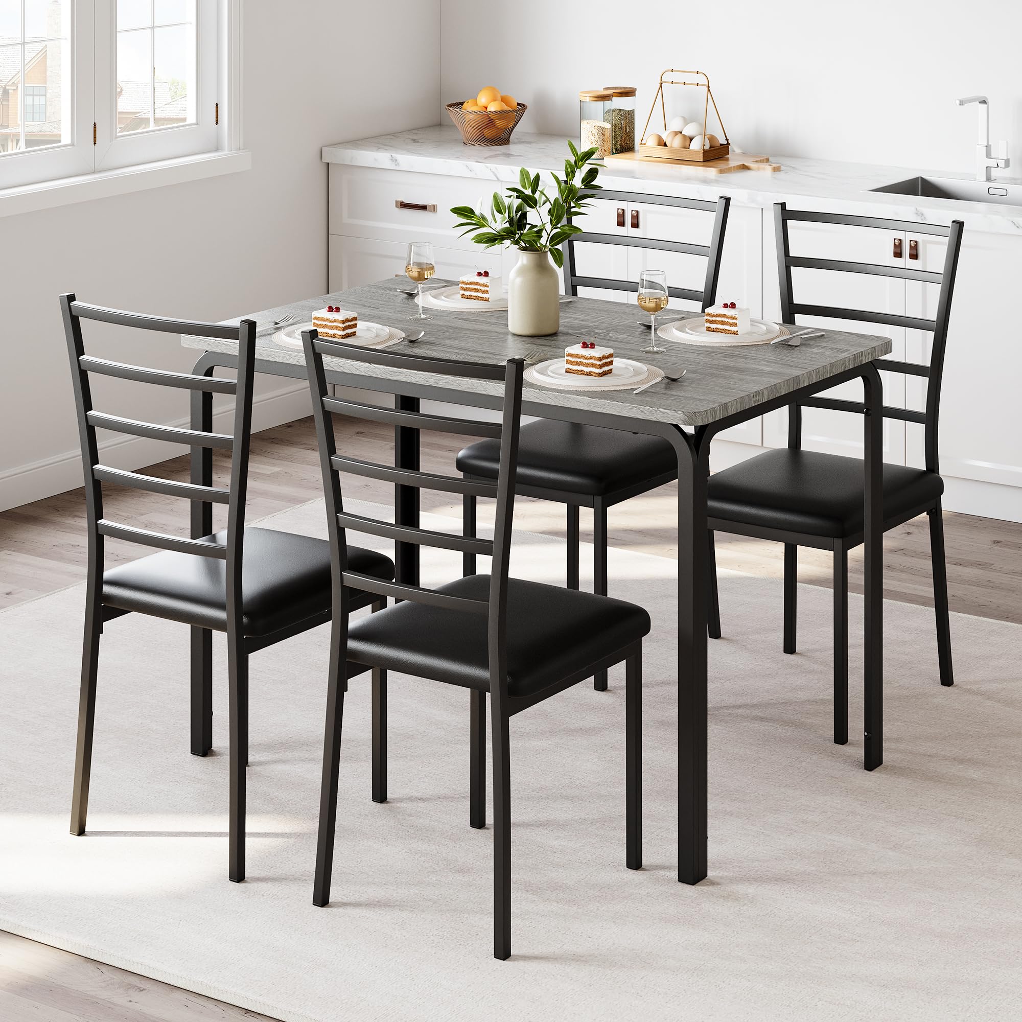 AffinityFurn Dining Table and Chairs Set 4, Kitchen Table with 4 Upholstered Chairs, Space Saving Kitchen Furniture Set, Rectangular Metal Frame & MDF Board, for Apartment Dining Room