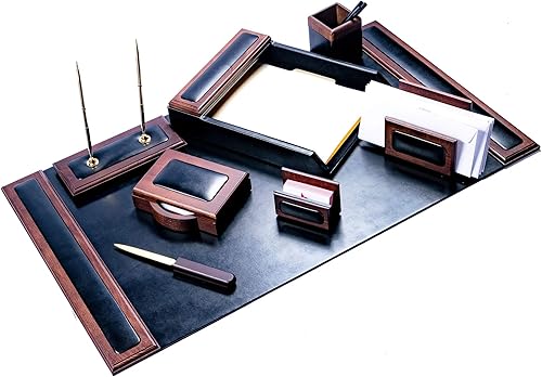 Miniatura 4 de Dacasso Juego de madera de lujo de cuero y artículos esenciales de organización de escritorio, 8 piezas, nogal y negro