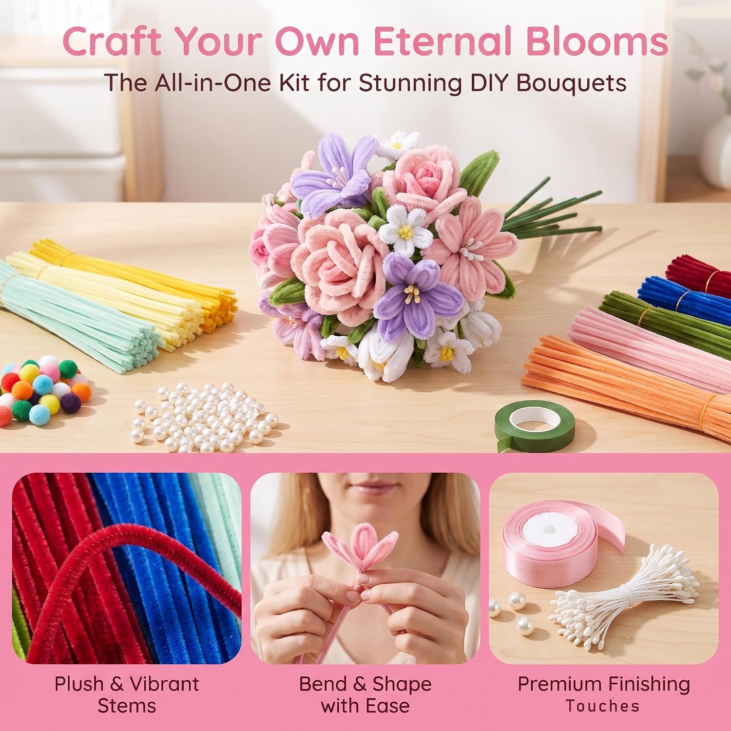 800PCS 16-Color Pipe Cleaners with Full DIY Accessories & Guide. Flexible Fuzzy Sticks for Handmade Flowers, Crafts and Holiday Decorations.