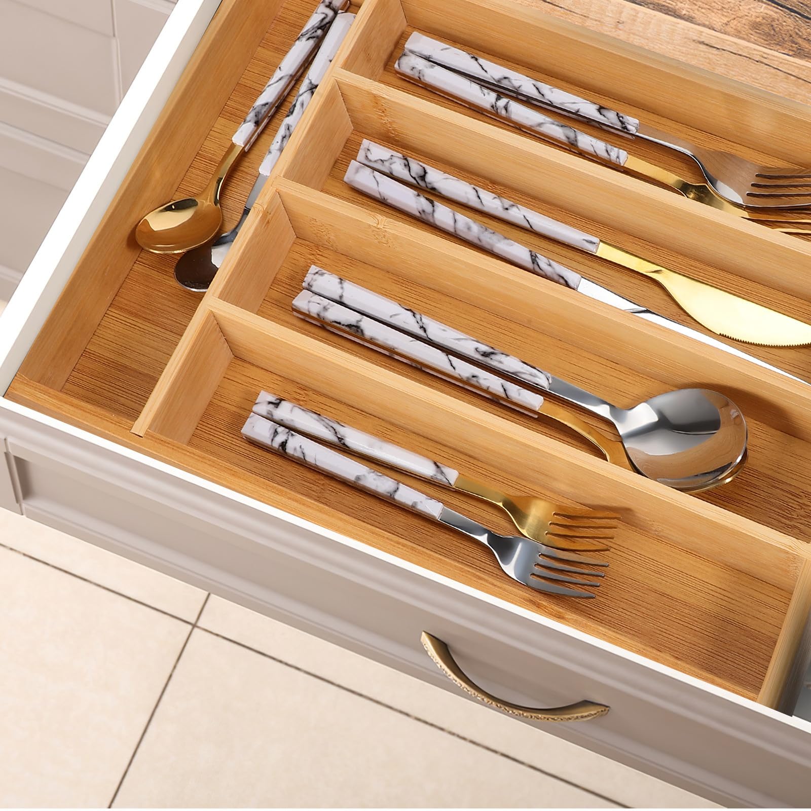 Küchenorganizer mit 5 Fächern, schmaler Besteckhalter, langlebig und vielseitig, Schubladenaufbewahrung, ordentliche Küchenorganisation, ideal für Utensilien und Besteck