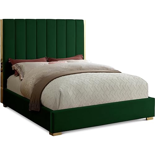 Meridian Furniture Becca Collection Modern | Contemporary Velvet Upholstered Bed with Deep Channel Tufting and Polished Gold Metal Frame, Green, King