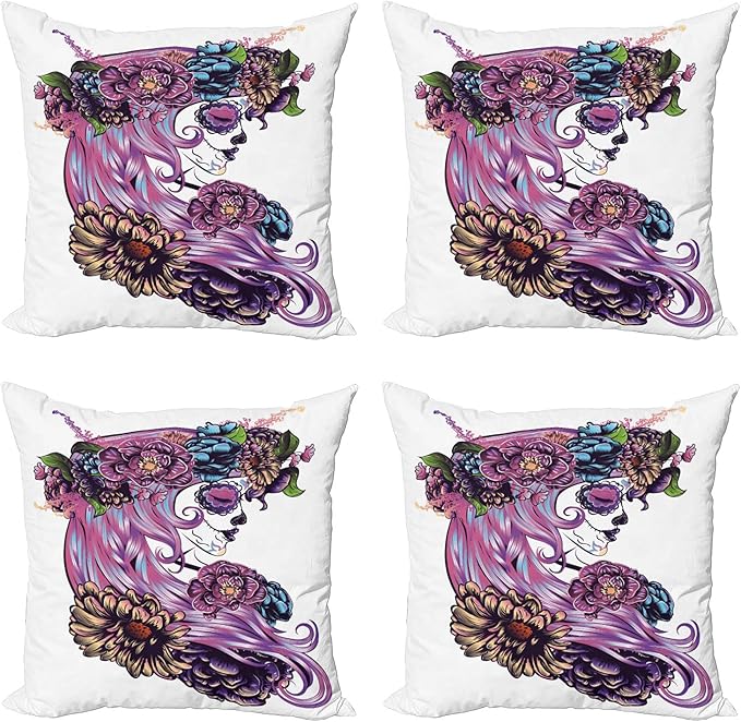 Lunarable Gothic Decorative Throw Pillow Case Pack of 4, Day of Dead Illustration Sugar Skull Girl in Flower Wreath Print Latin American, Cushion Cover for Couch Living Room Car, 18