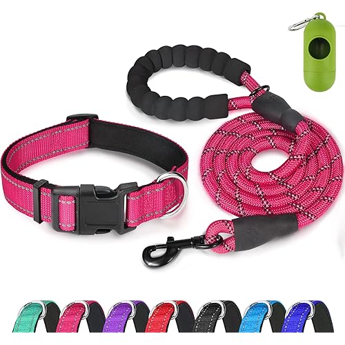 Dynmeow Reflective Dog Collar and Leash Set, 6FT Strong Climbing Rope Leash with Padded Handle, Adjustable Pet Collar with Soft Neoprene Padding for Large Dogs (Hotpink,L)