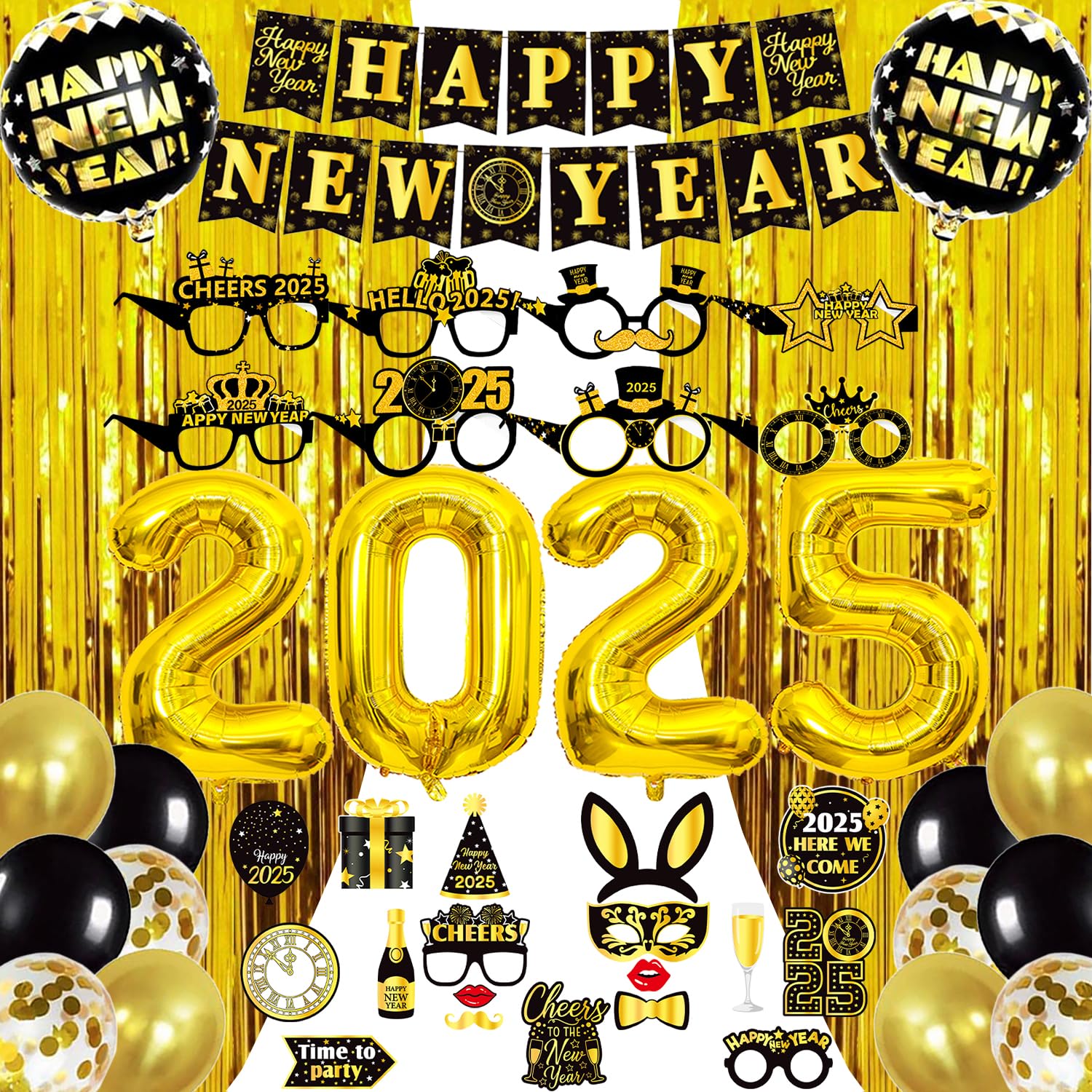 50Pcs Gold Black White Happy New Year Eve Balloons 2025 New Year Balloons New Years Eve Party Balloons For Happy New Year 2025 Decorations