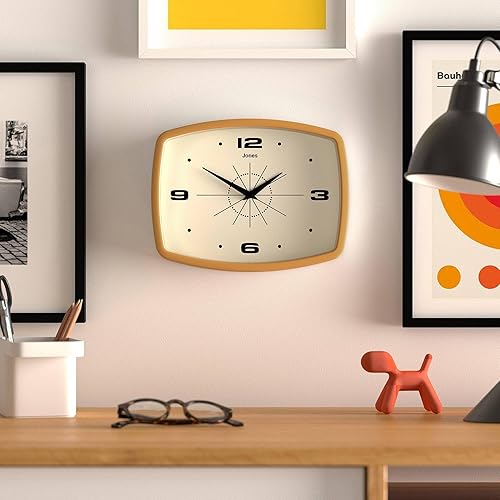 Miniatura 3 de JONES CLOCKS Reloj de pared de película  Reloj retro rectangular  10 pulgadas  Amarillo mostaza  Aspecto de diseñador fresco de mediados de siglo