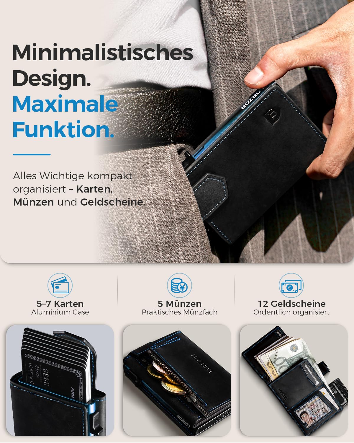 LORZOR Kartenetui mit Magnetischer Verschluss, Slim Wallet mit Münzfach, Geldbörse Herren RFID Schutz, Portmonee Herren Portemonnaie für 10 Karten, Smart Wallet, Geldbeutel (Blau-Schwarz)