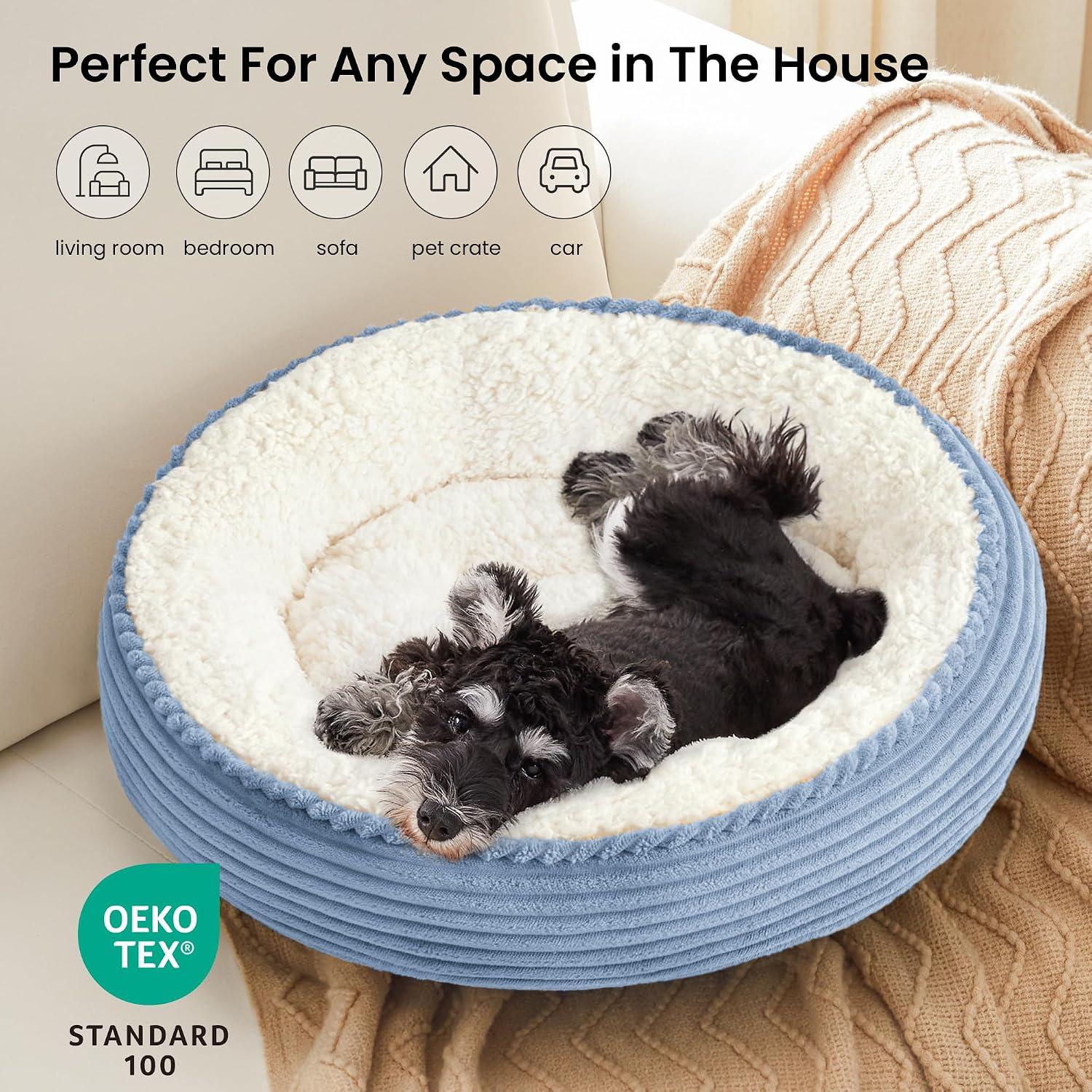 Love's cabin Round Donut Cat and Dog Cushion Bed, 25in Pet Bed for Small or Medium Dogs, Anti-Slip & Water-Resistant Bottom, Soft Durable Fabric Pet Beds, Washable Calming Cat Bed Sky Blue Stripe