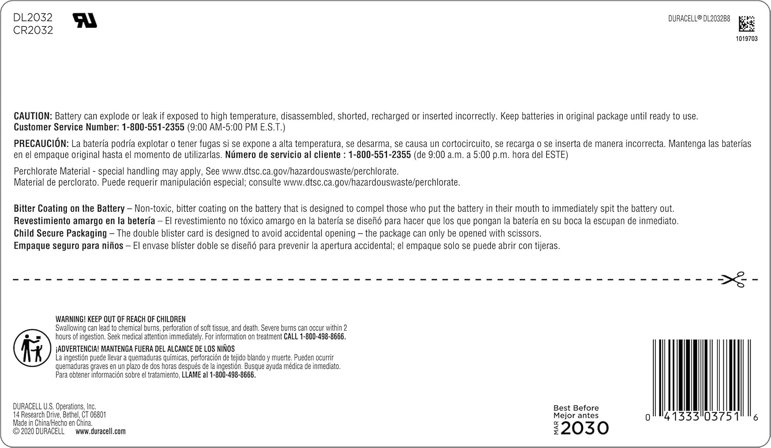 Duracell CR2032 3V Lithium Battery, Bitter Coating Discourages Swallowing, 8 Count Pack, Lithium Coin Battery for Key Fob, Car Remote, Glucose Monitor, CR Lithium 3 Volt Cell : Electronics