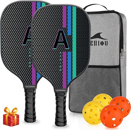 Miniatura 1 de Achiou Juego de 2 palas de pickleball - Superficie de fibra de vidrio de alto rendimiento, raquetas ligeras con bolsa, instalaciones deportivas para