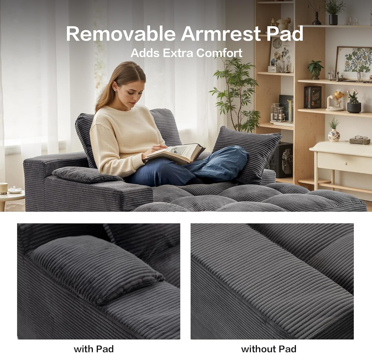 50" Oversized Boneless Chaise Lounge Chair Indoor, Plush Faux Fur Cloud Sofa Couch with Pillows, No Assembly Deep Seat Reading Chair Bed, Cozy Floor Couch for Living Room or Bedroom