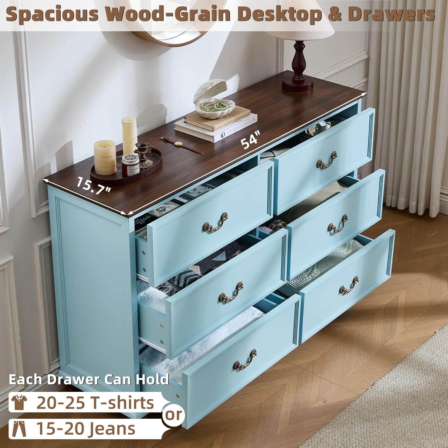 Joaxswe Farmhouse 6-Drawer Dresser with multiple drawers open, showcasing ample storage space for clothing and other items.