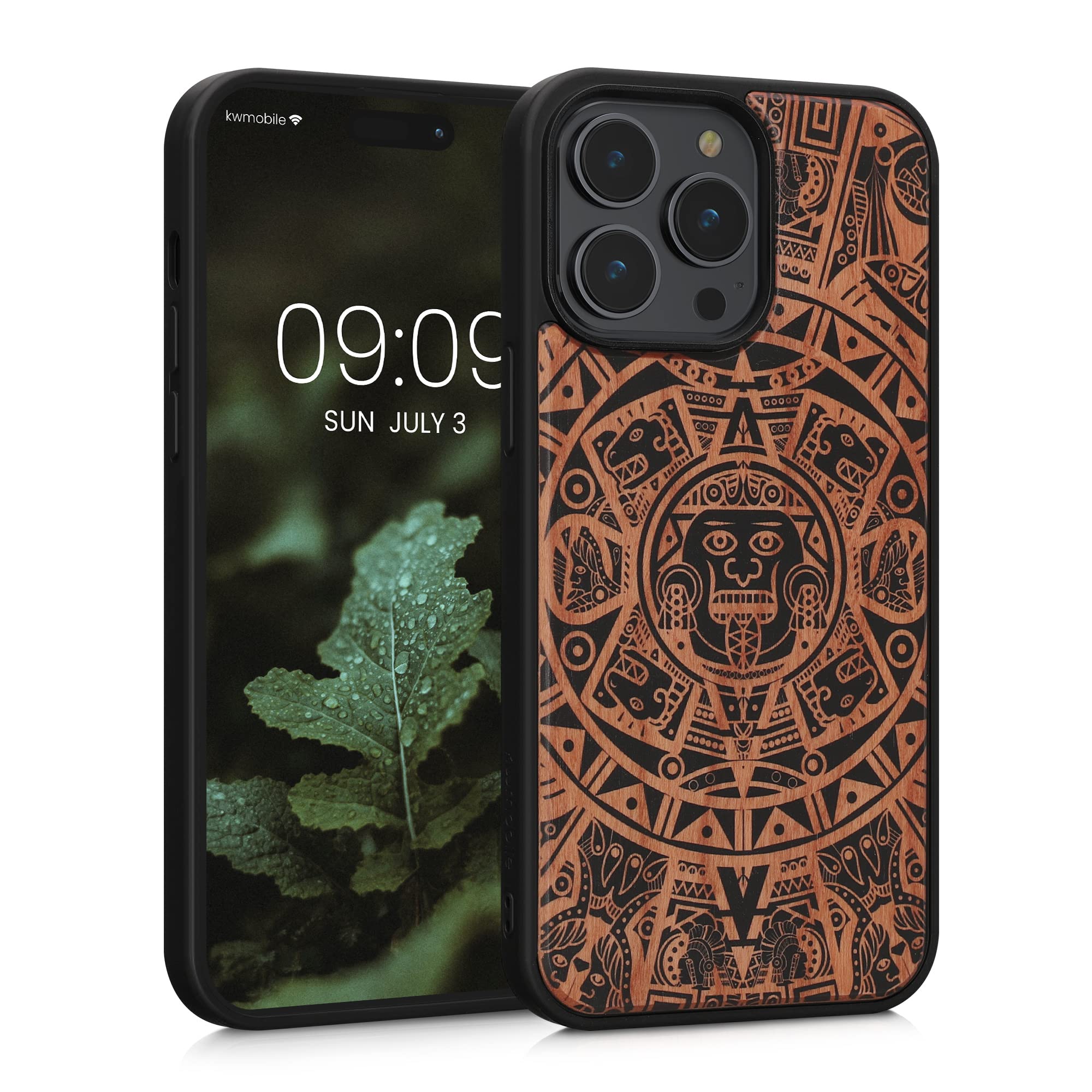kwmobileWood Case Compatible with Apple iPhone 14 Pro Max Case - Cover - Mayan Calendar Light Brown/Black