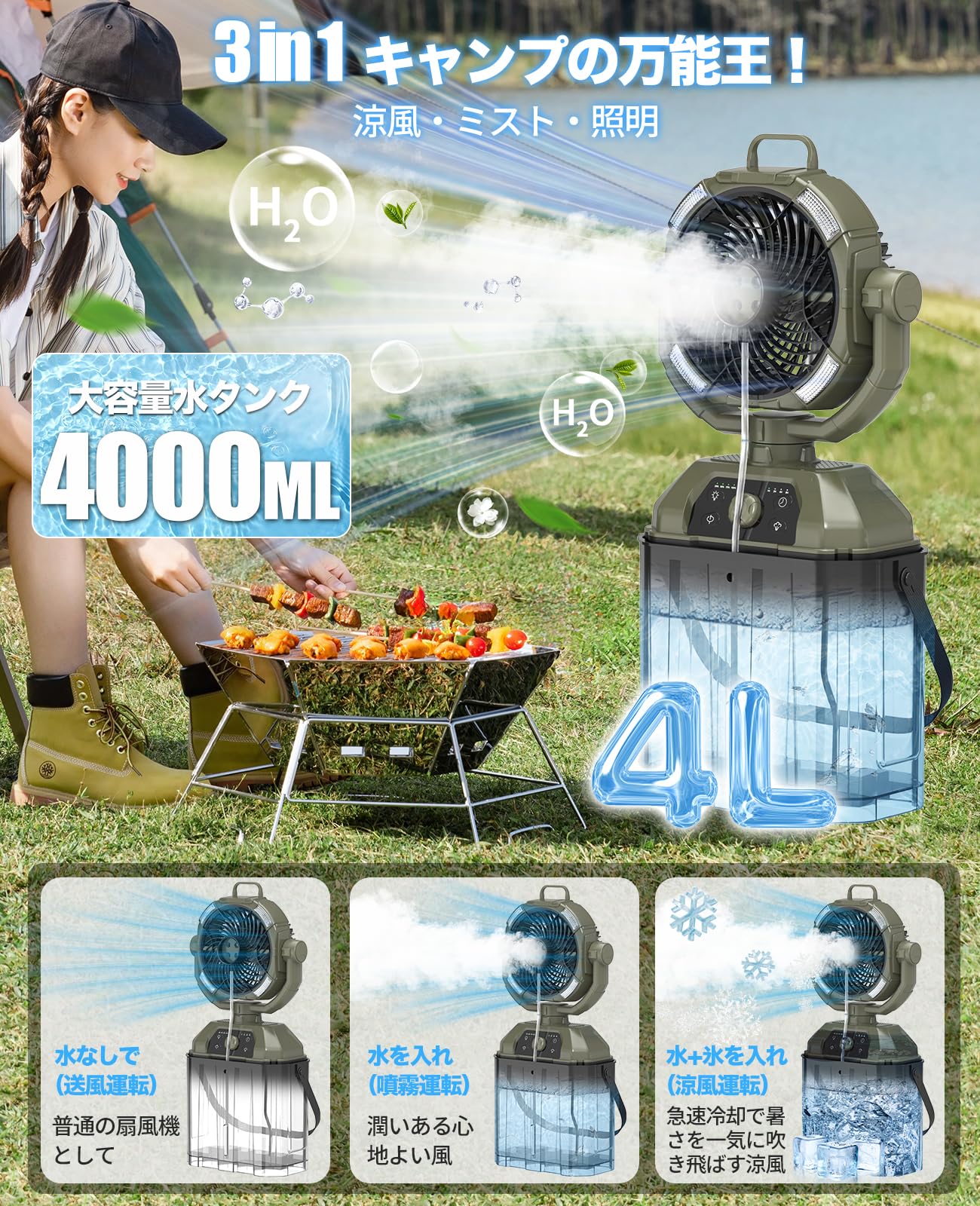 2025業界初】キャンプ 扇風機 ミストファン 充電式 32,000mAh 自動首 