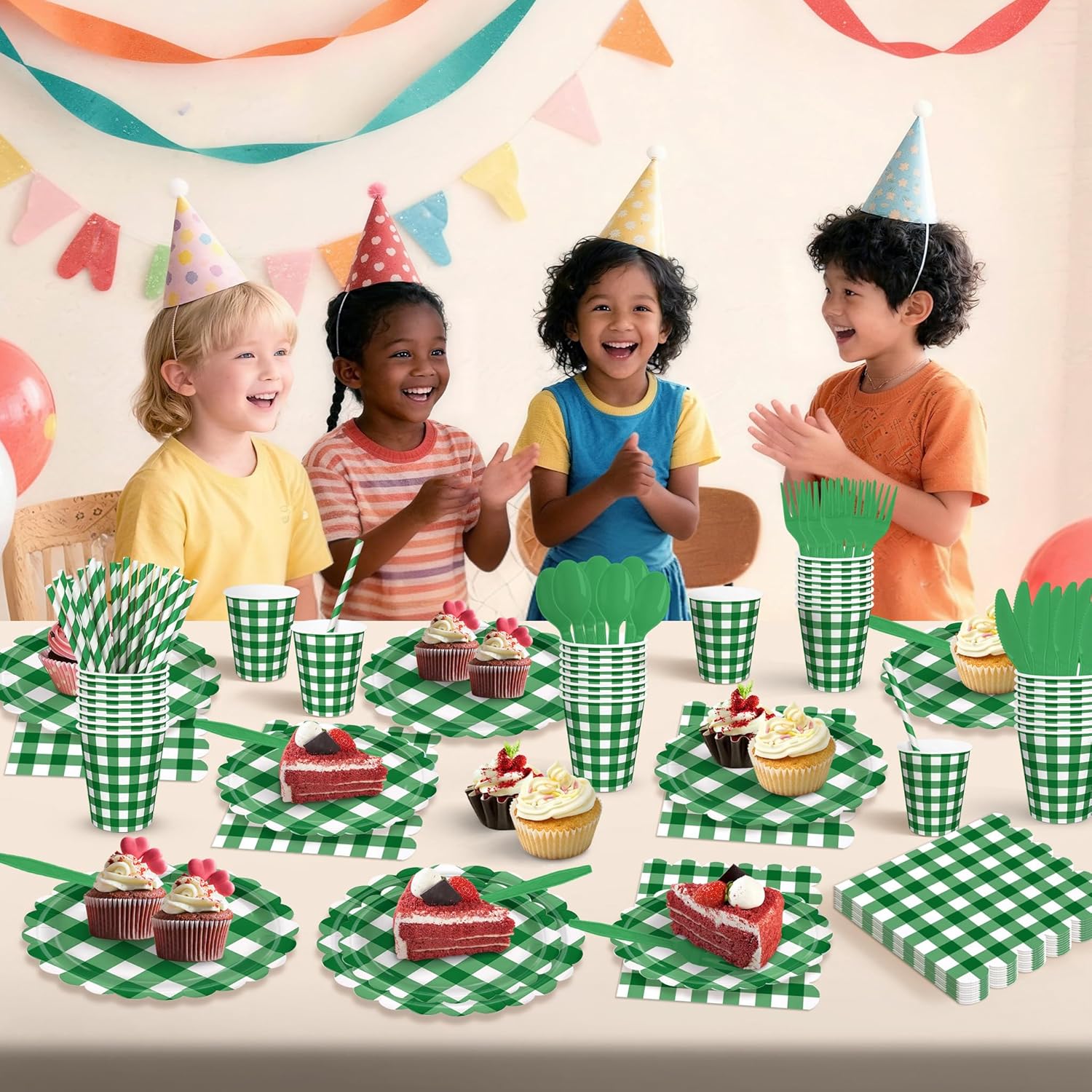 192 PCS Gingham Party Supplies Serve 24 Guests Gingham Plates and Napkins and Cups for Birthday Decorations Baby Shower Checkered Party Dinnerware Sets for Girl Boy Dark Sage Green Christmas