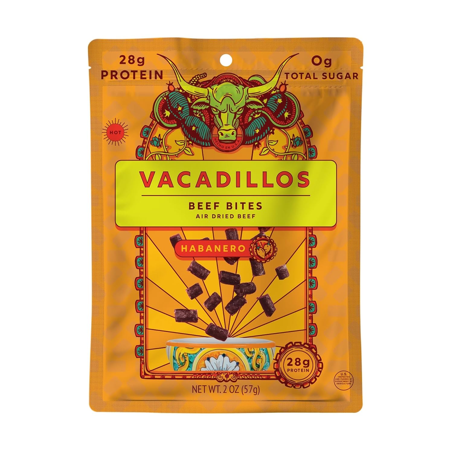 Vacadillos - High Protein Carne Bites | 28g Protein, Sugar Free, Carbs Free, Gluten Free, Dairy Free, Keto & Paleo Friendly | Mexican Inspired Beef Jerky Snack | Habanero, Pack Of 4