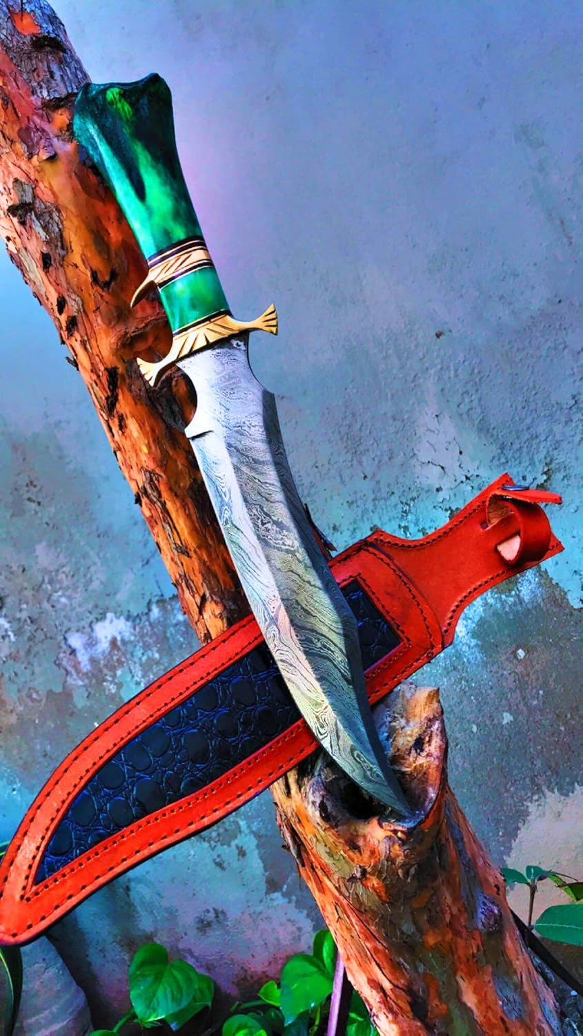 : Hand Made Damascus Steel Collectible gutt Bowie Knife Handle Camel Bone (green)