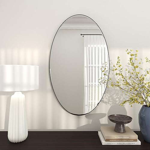 Miniatura 9 de Deco 79 Espejo de pared de madera para habitación, espejo de entrada ovalado con marco minimalista delgado, espejo montado en la pared, 24 x 1 x 40