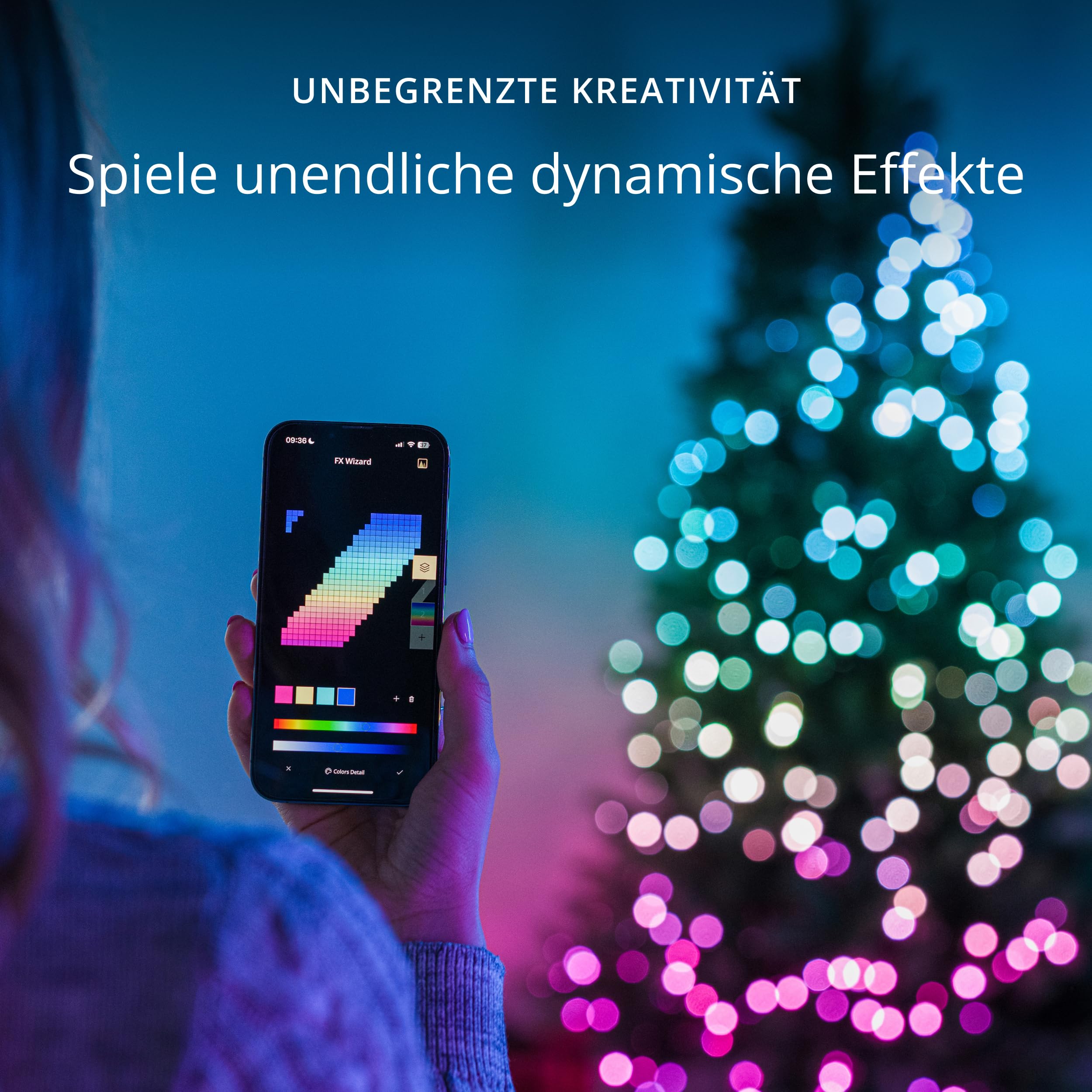 Twinkly Strings 400 LED RGB+ Weiß, LED-Lichterkette, Smarte LEDs für den Innen- und Außenbereich, Kompatibel mit Alexa und Google Home, IP44, App-Steuerung, Schwarzes Kabel, 32m