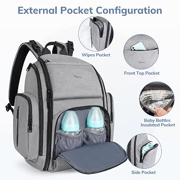 Mancro Diaper Bag Backpack, Large Multifunction Waterproof Travel Baby Bag for Dad Mom with 4 Insulated Pockets and Stroller Straps, Maternity Baby Bag for Boys Girls, Grey