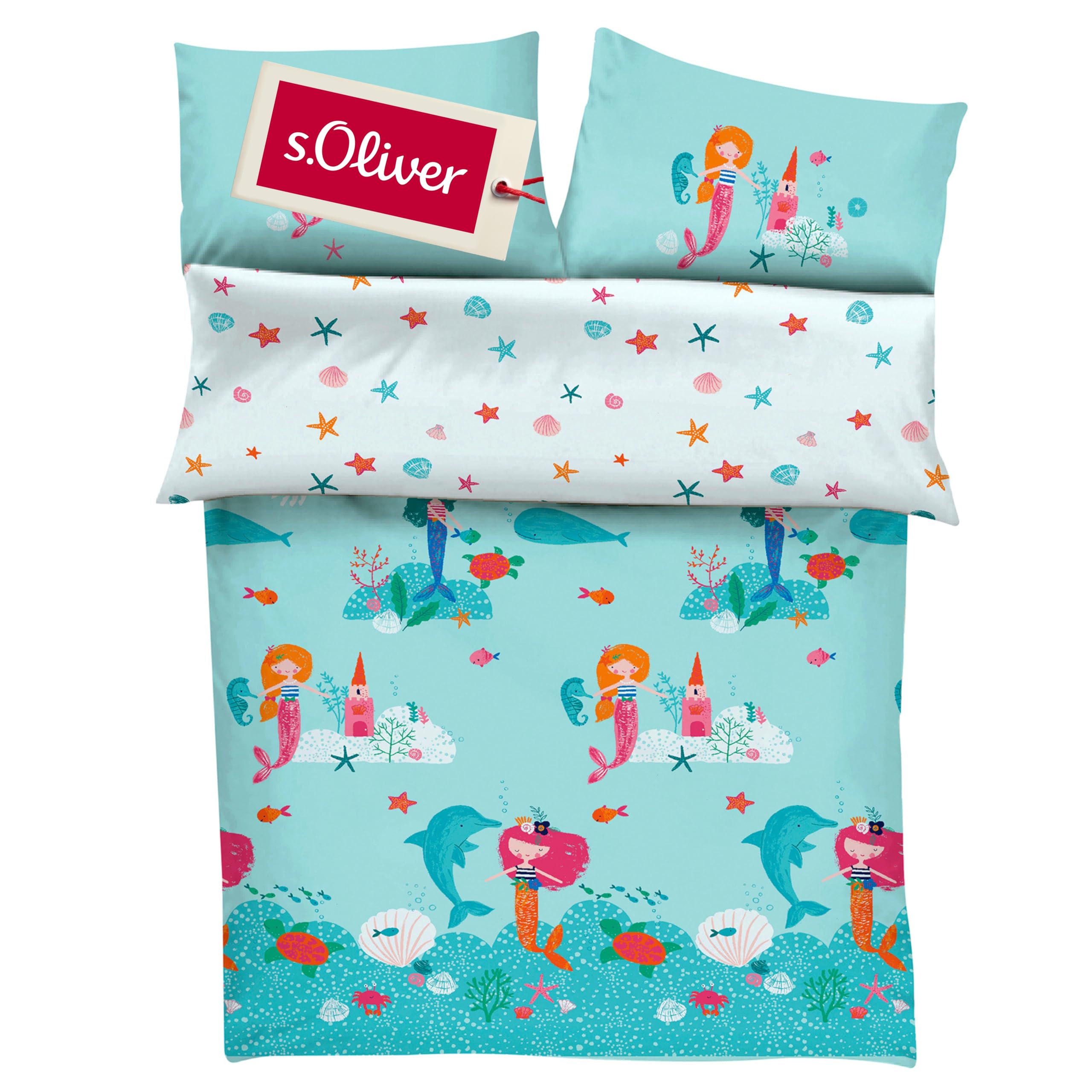 s.Oliver Kinderbettwäsche Meerjungfrau 100x135 cm - 100% Baumwolle, praktischer Reißverschluss & maschinenwaschbar, Bettwäsche für Kinder Meerjungfrauen 2tlg. bunt
