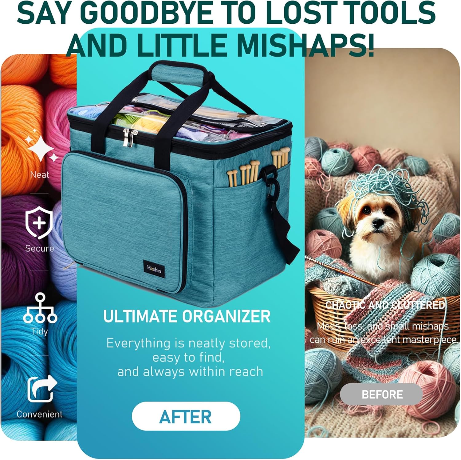 Hoshin Knitting Bag for Yarn Storage, High Capacity Yarn Totes Organizer with Inner Divider Portable for Carrying Project, Knitting Needles(up to 14”), Crochet Hooks, Skeins of Yarn (Green)