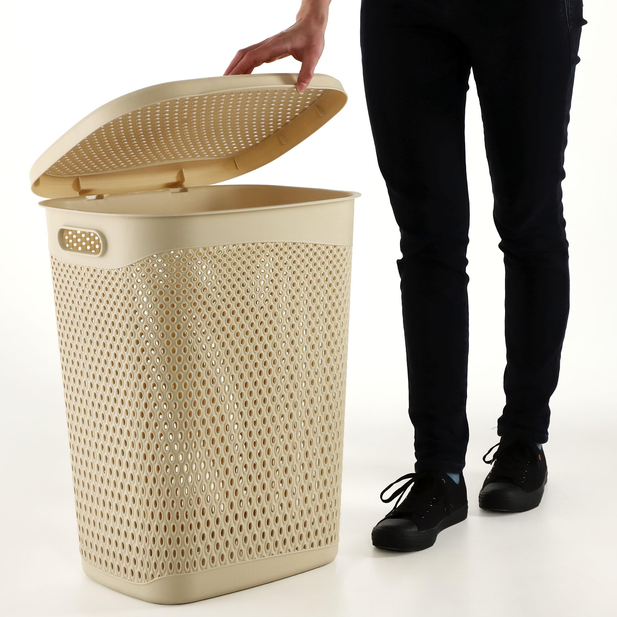 Wasmand met netdeksel, wasverzamelaar, vuile was, verzamelbak, grote Wasmand met netdeksel, wasverzamelaar, vuile was, verzamelbak, grote