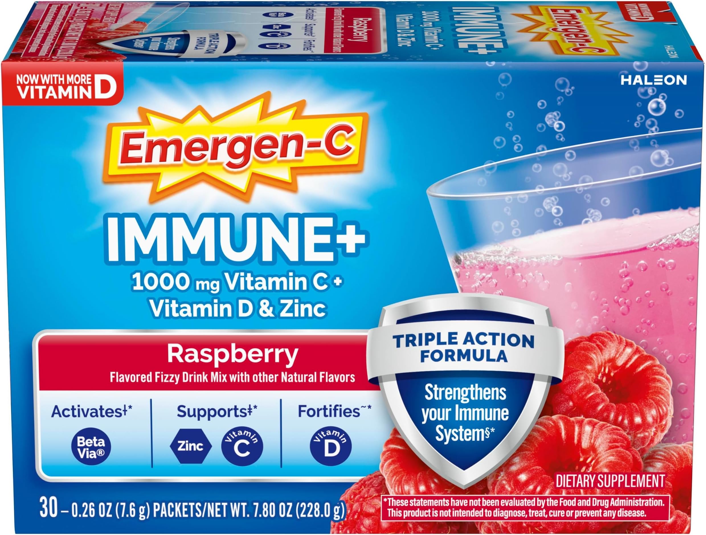 Immune+ Triple Action Immune Support Powder, BetaVia (R), 1000mg Vitamin C, B Vitamins, Vitamin D and Antioxidants, Raspberry – 30 Count