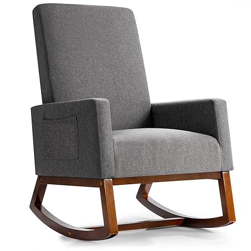 Giantex Upholstered Rocking Chair, Modern Fabric Armchair w/Wood Base, Side