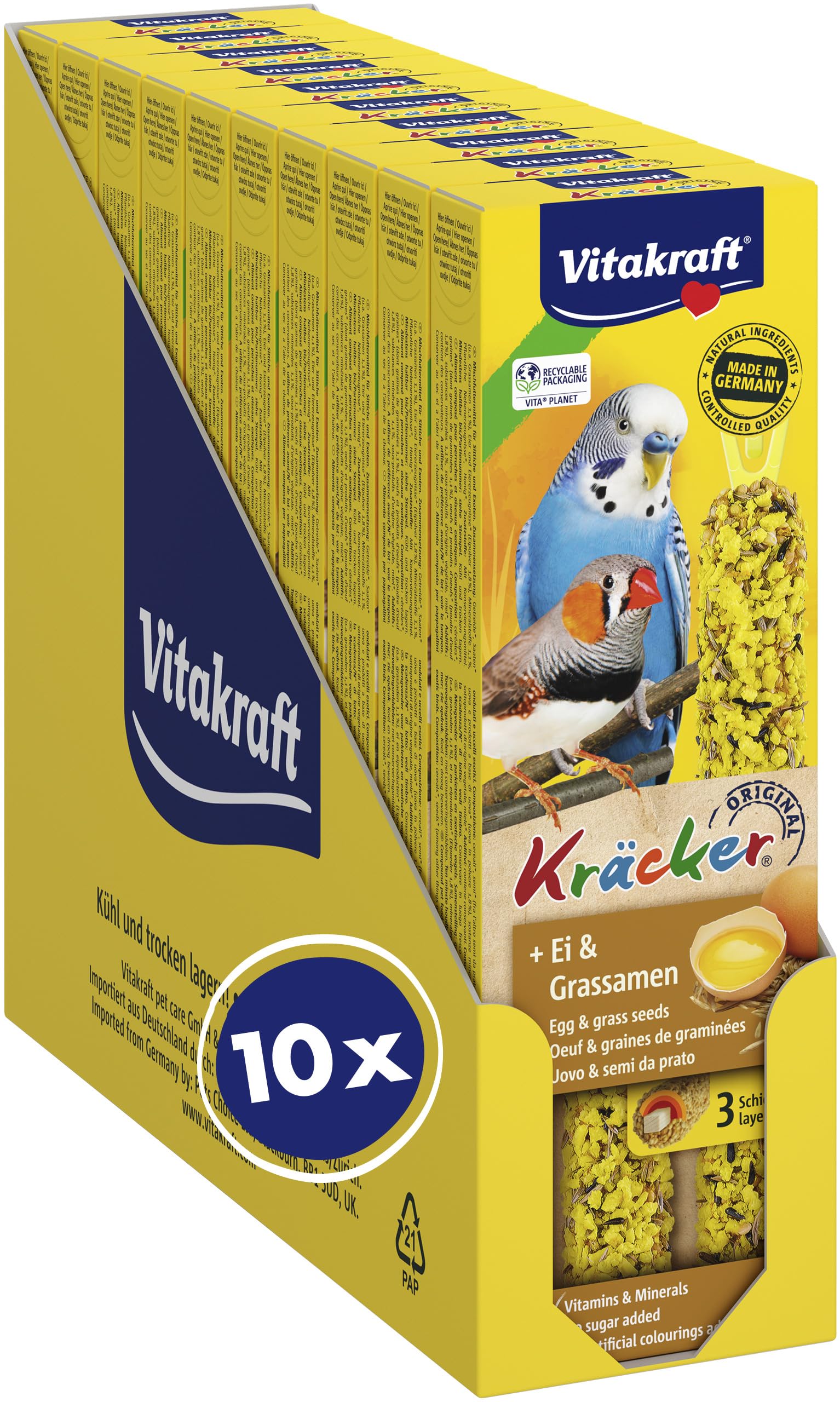 Vitakraft Kräcker, mit Ei und Grassamen, Knabberstangen für Sittiche und Exoten, in Vorratsgröße, ohne Zusatz von Zucker (10x 54g)