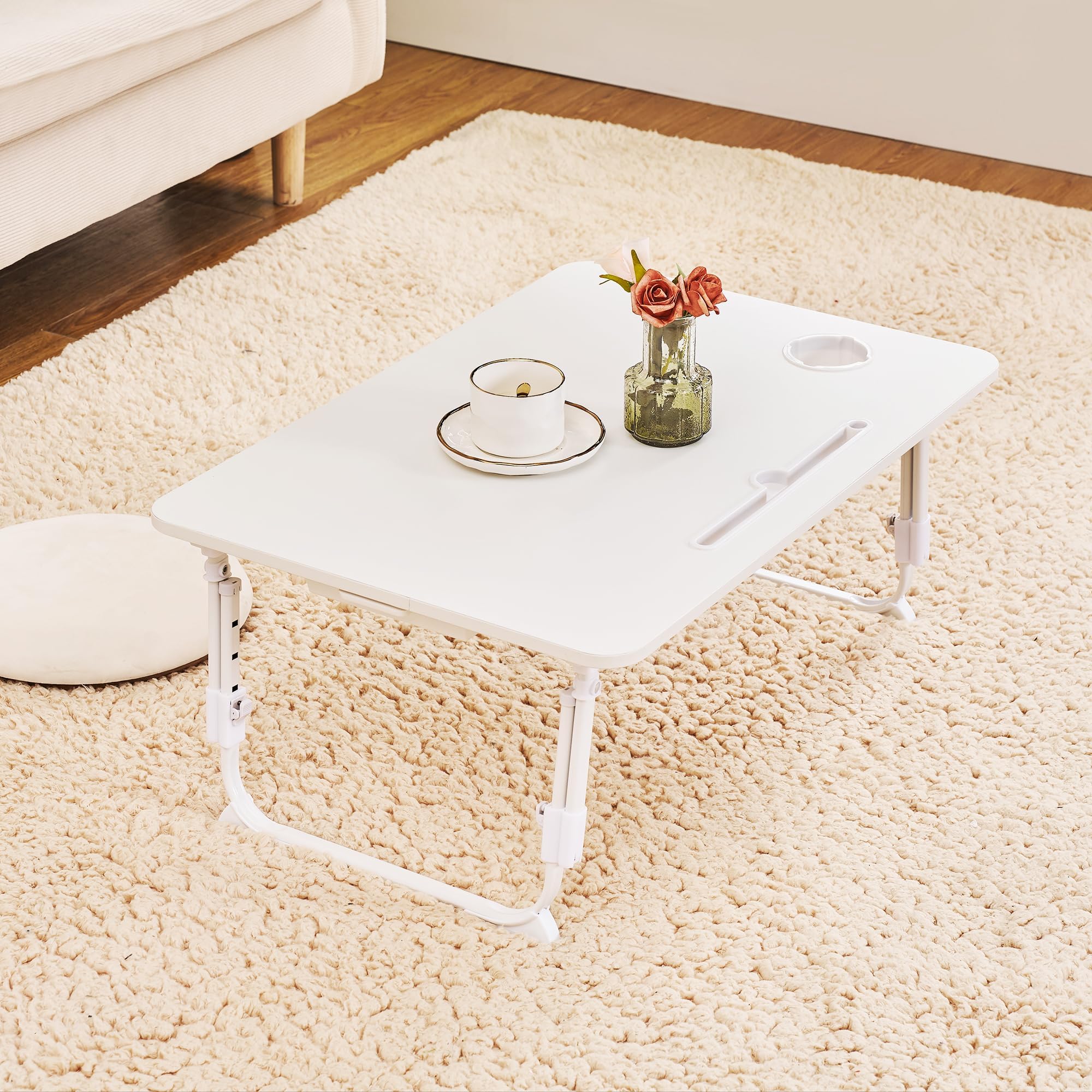 VECELO Folding Table Desk, Low Table, Mini Table, Compact, Space Saving, Height Adjustment, 3 Levels (10.5 - 11.7 - 12.9 inches (26.7 - 29.7 - 32.7 cm)), Laptop PC, Tablet Stand, Drink Holder